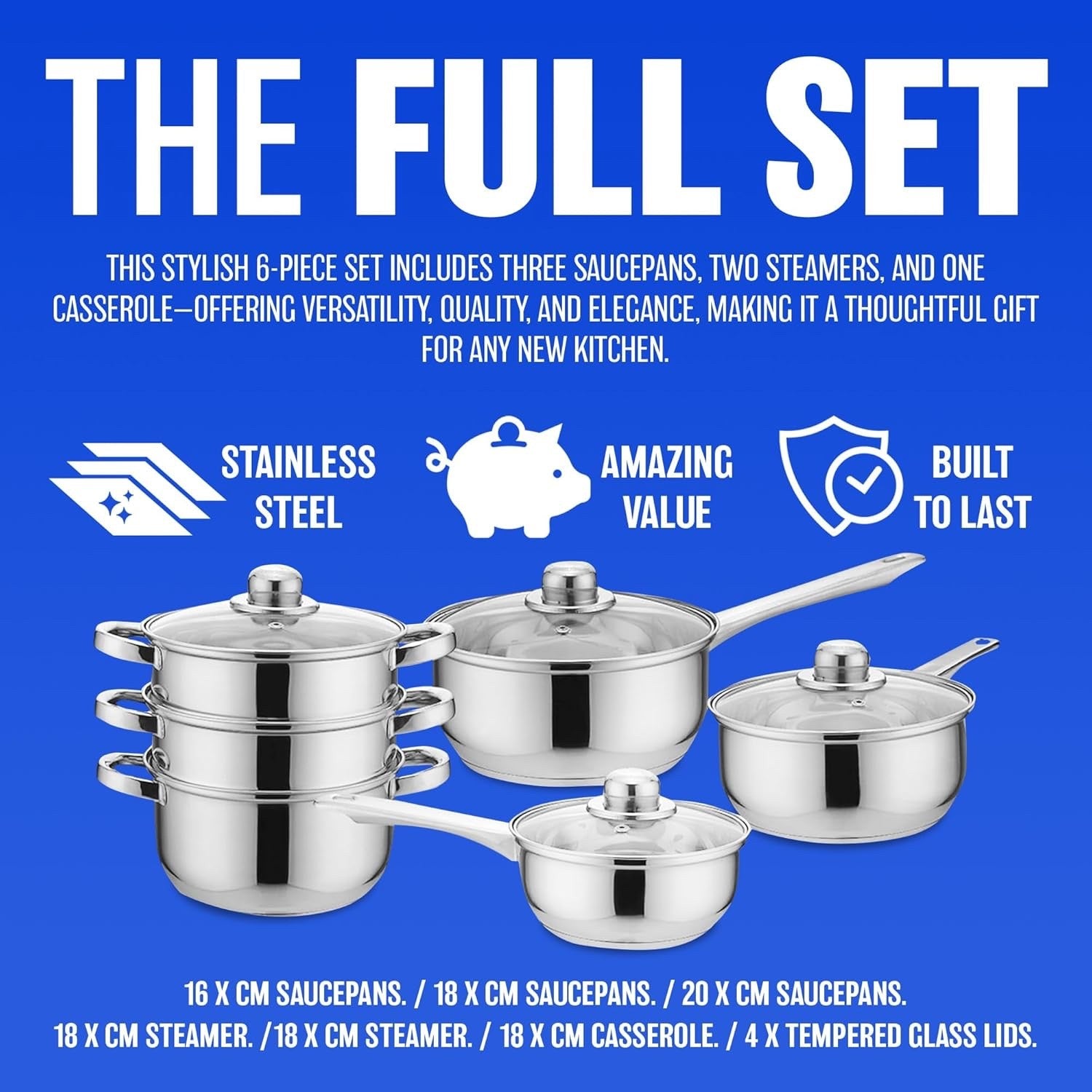 6pcs Stainless Steel Cookware Steamer Pot Set with Glass Lids & Handles