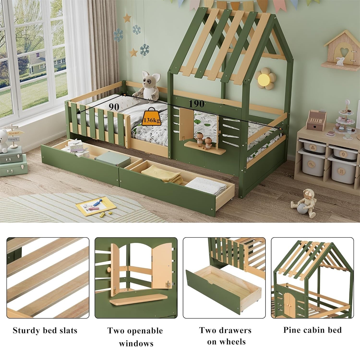 Kids Wooden House Bed with Drawers 3FT Single Cabin Frame 90x190cm Green