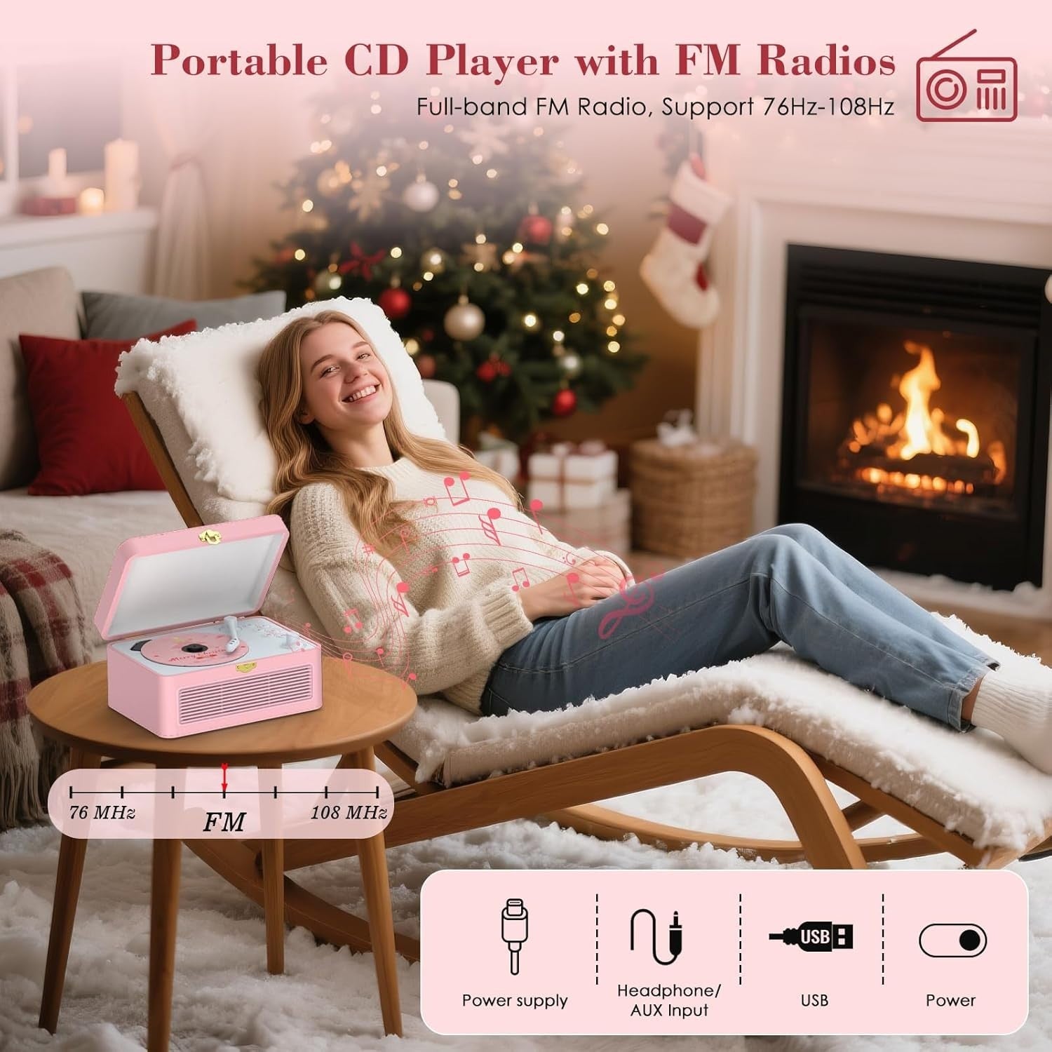 Retro Bluetooth CD Player FM Radio USB AUX HiFi Speakers Pink PU