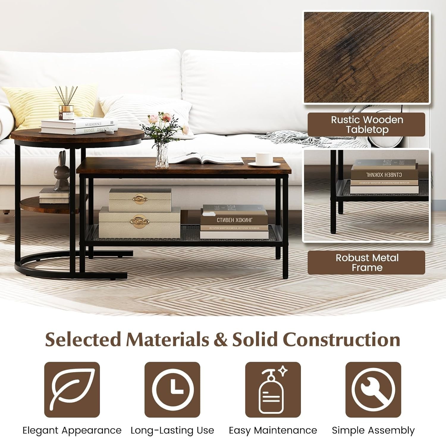 Nesting Coffee Table Set 2PCS Black Rustic Brown Faux Marble End Tables
