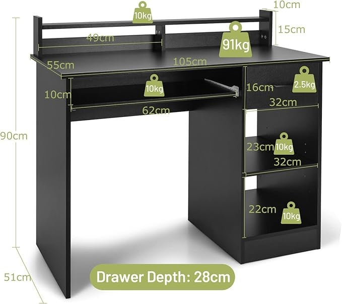 Computer Desk with Storage Drawer & Keyboard Tray Home Office Study Desk Black