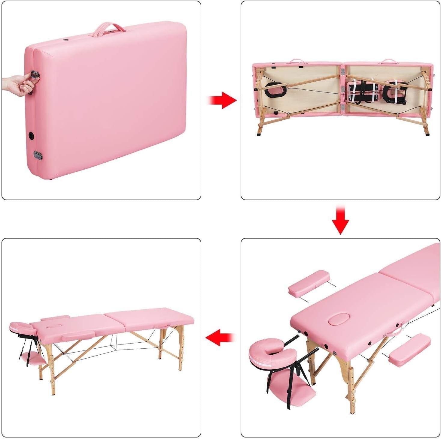 Portable Wood Massage Table Folding 2-Section Beauty Lash Bed Pink 60cm Width