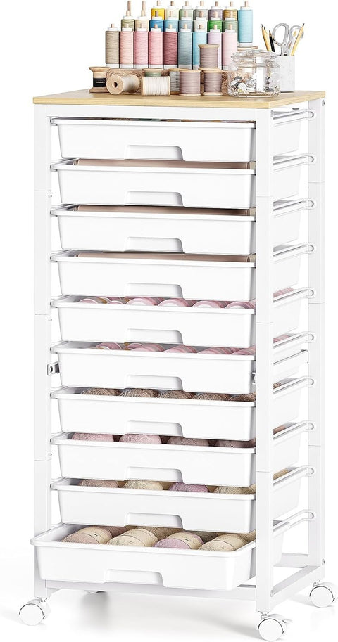 White 10 Drawer Rolling Storage Trolley Craft Organizer with Wooden Top