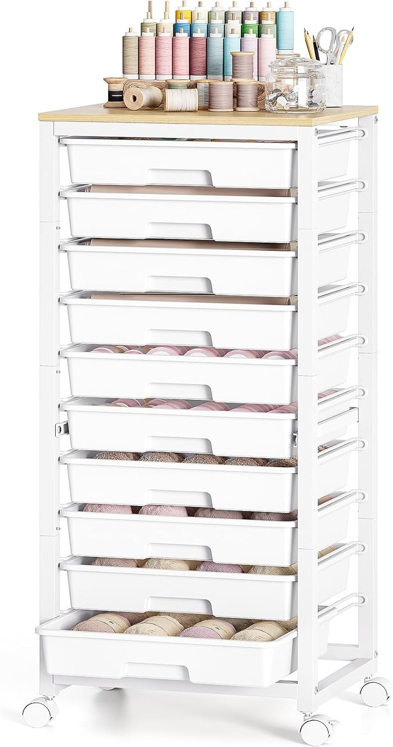 White 10 Drawer Rolling Storage Trolley Craft Organizer with Wooden Top
