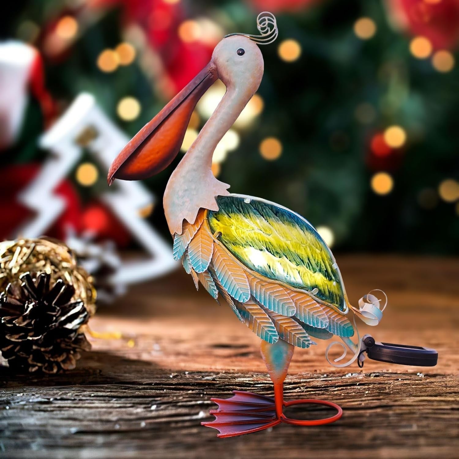 Solar Pelican Garden Statue 40.6cm Metal Glass Coastal Bird Outdoor Yard Decor