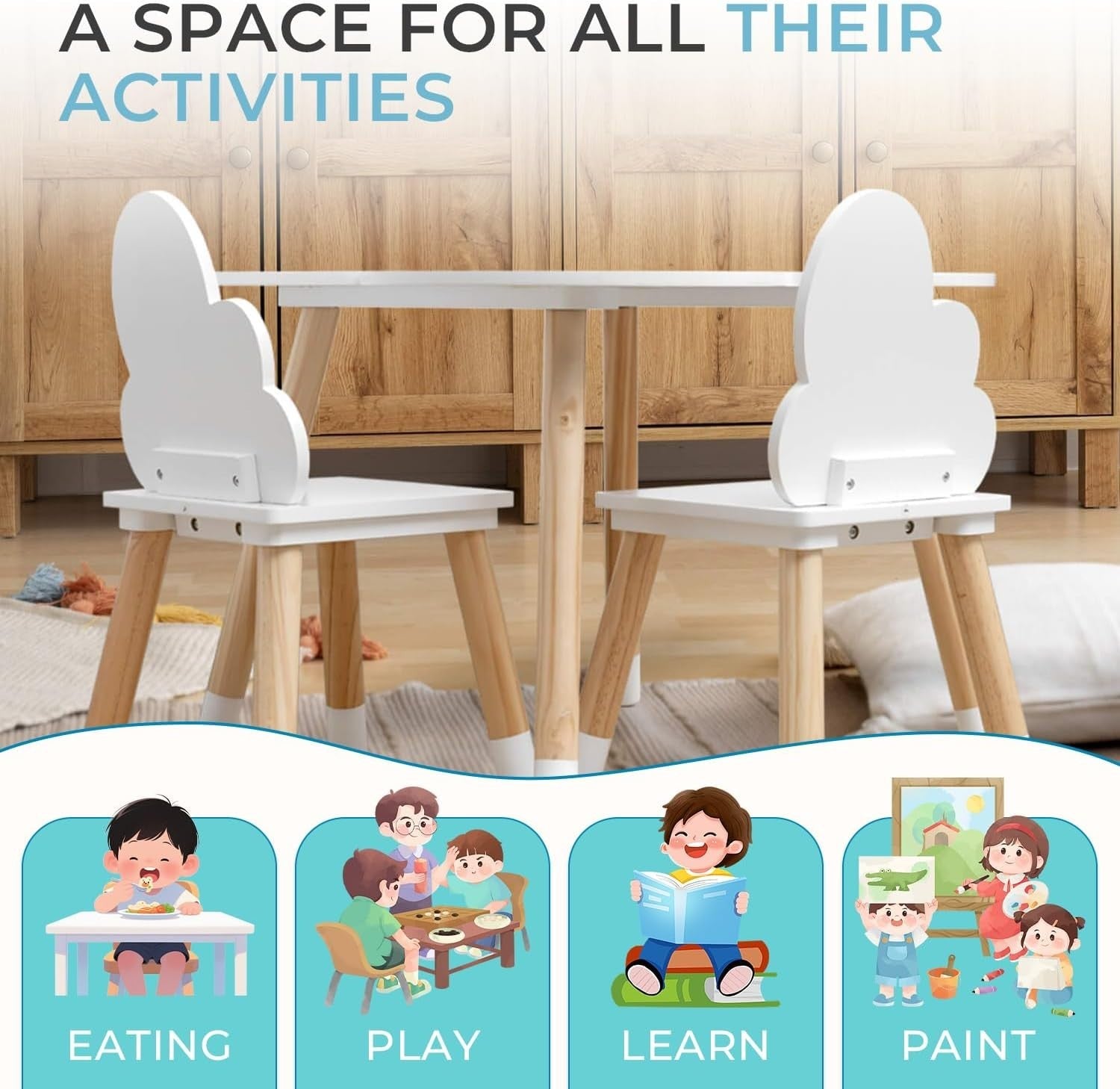 Kids Table and Chair Set with Rounded Edges, Scandinavian Style, Durable MDF