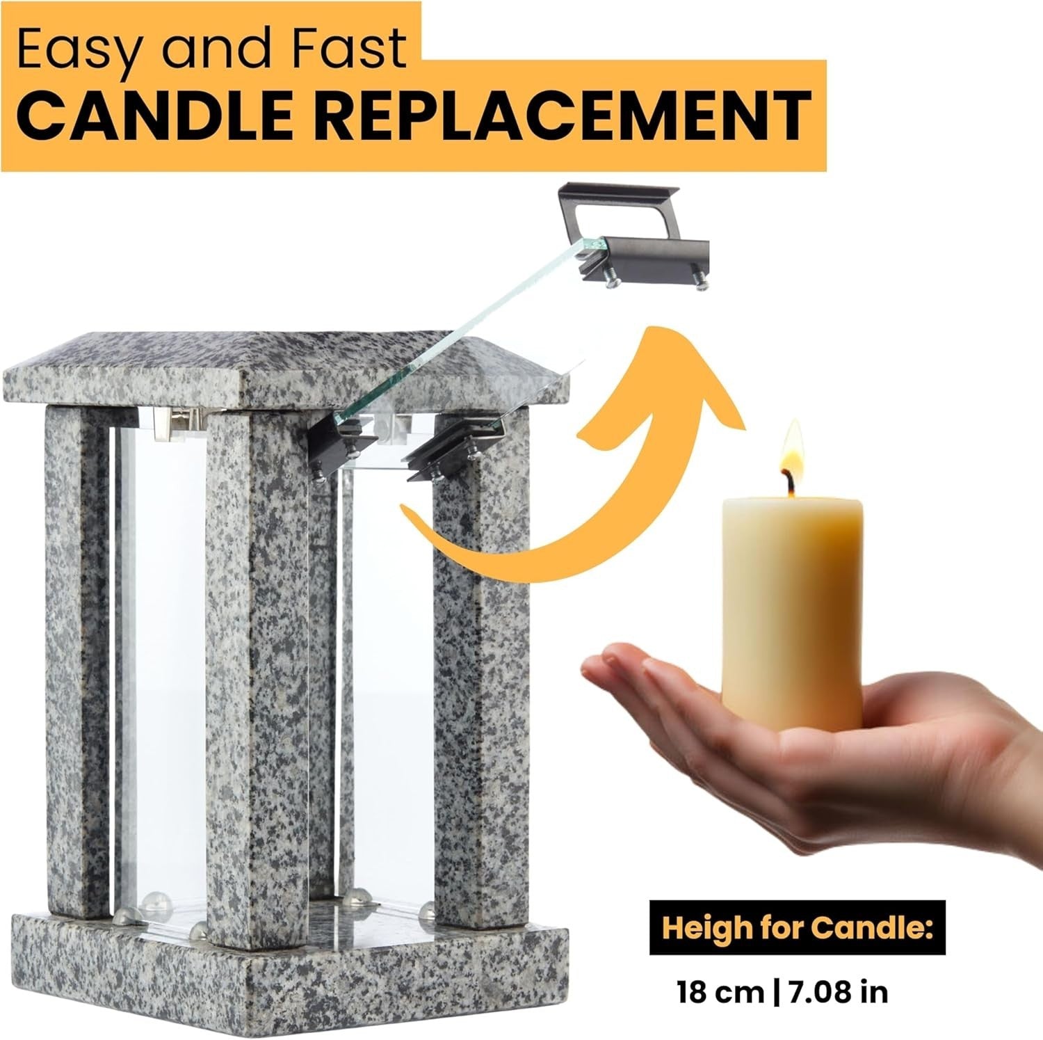 Large Grey Granite Candle Lantern 32cm Square Polished Decor
