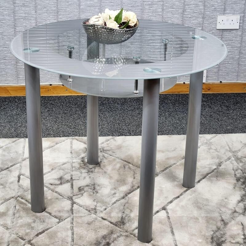 Round Grey Glass Dining Table Set with 4 Faux Leather Chairs Modern