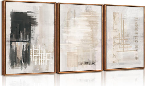 Modern Black White Abstract Framed Canvas Wall Art Set 3 Large Minimal Decor