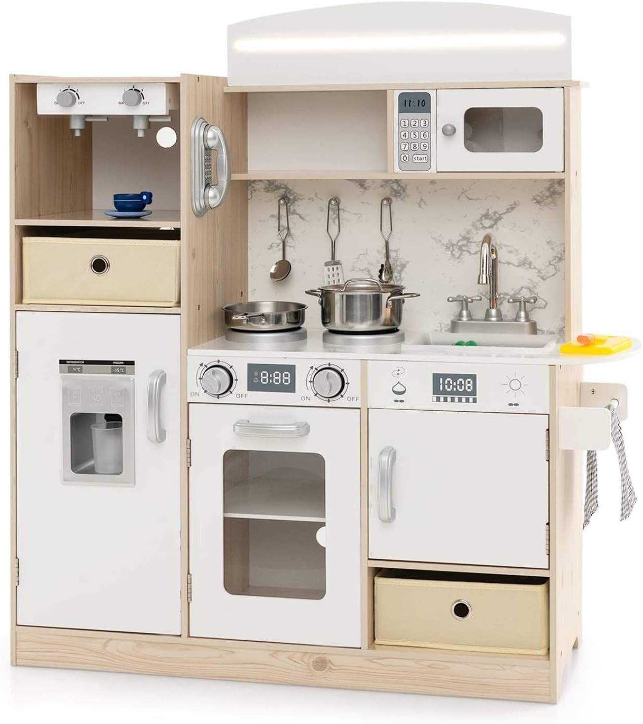 Kids Wooden Play Kitchen LED Lights Coffee Maker Accessories Set