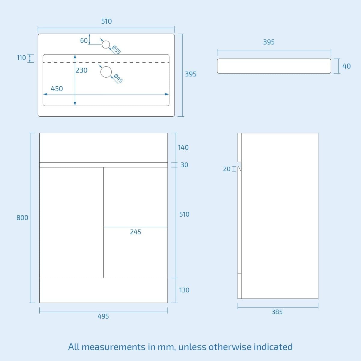 500mm White Bathroom Vanity Unit with Basin Gloss Freestanding Sink Cabinet