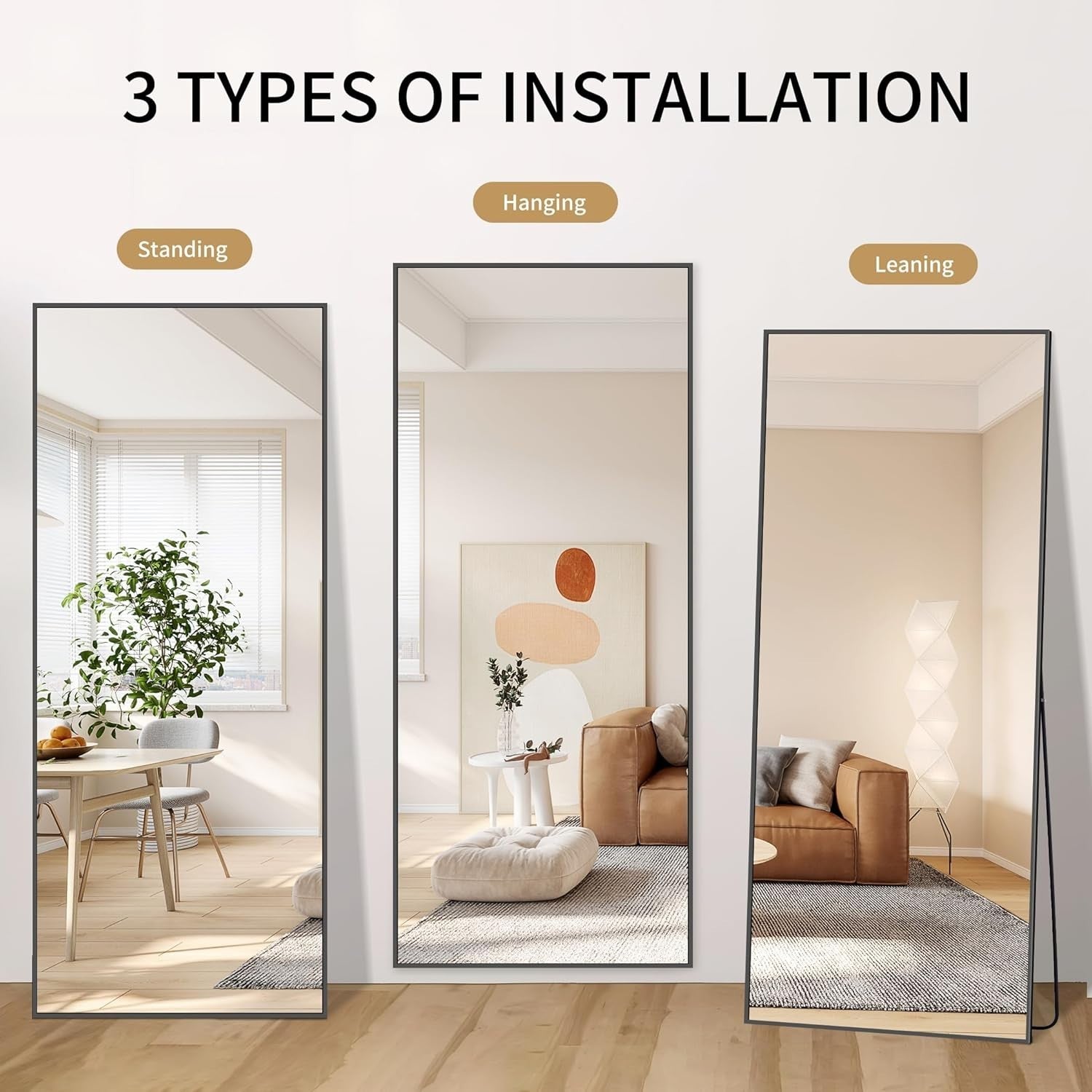 Large Full Length Wall & Floor Mirror 161x52cm Sleek Black Frame