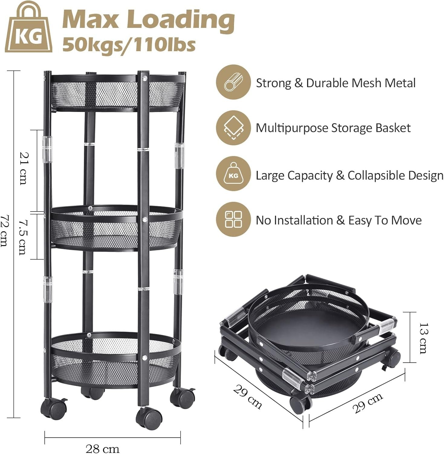 3 Tier Foldable Rolling Storage Cart Metal Trolley Lockable Wheels