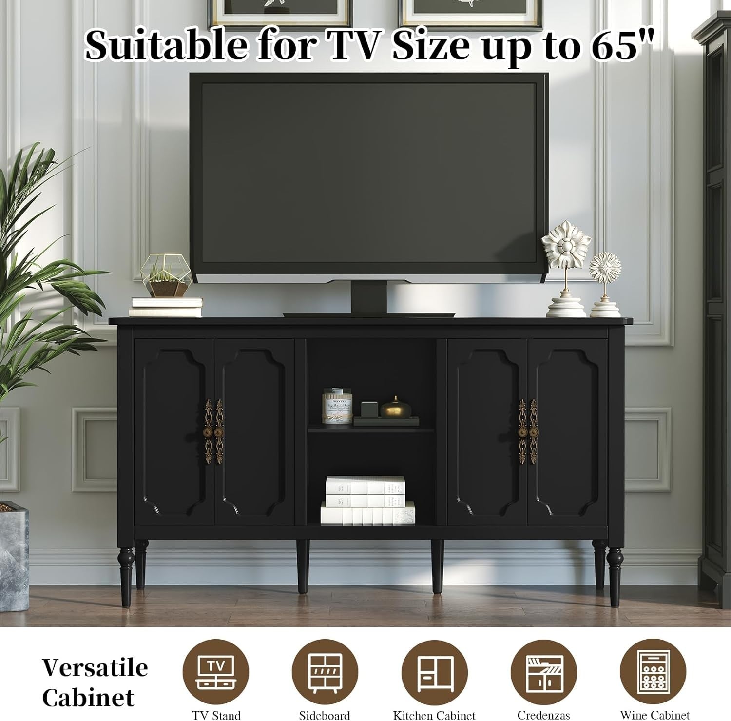 Black Wood Sideboard Cabinet 4 Door Gold Handle Buffet Storage Unit