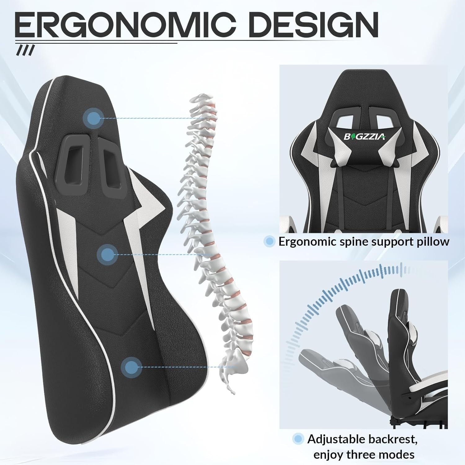 Ergonomic Gaming Chair White Reclining Office Chair w/ Lumbar