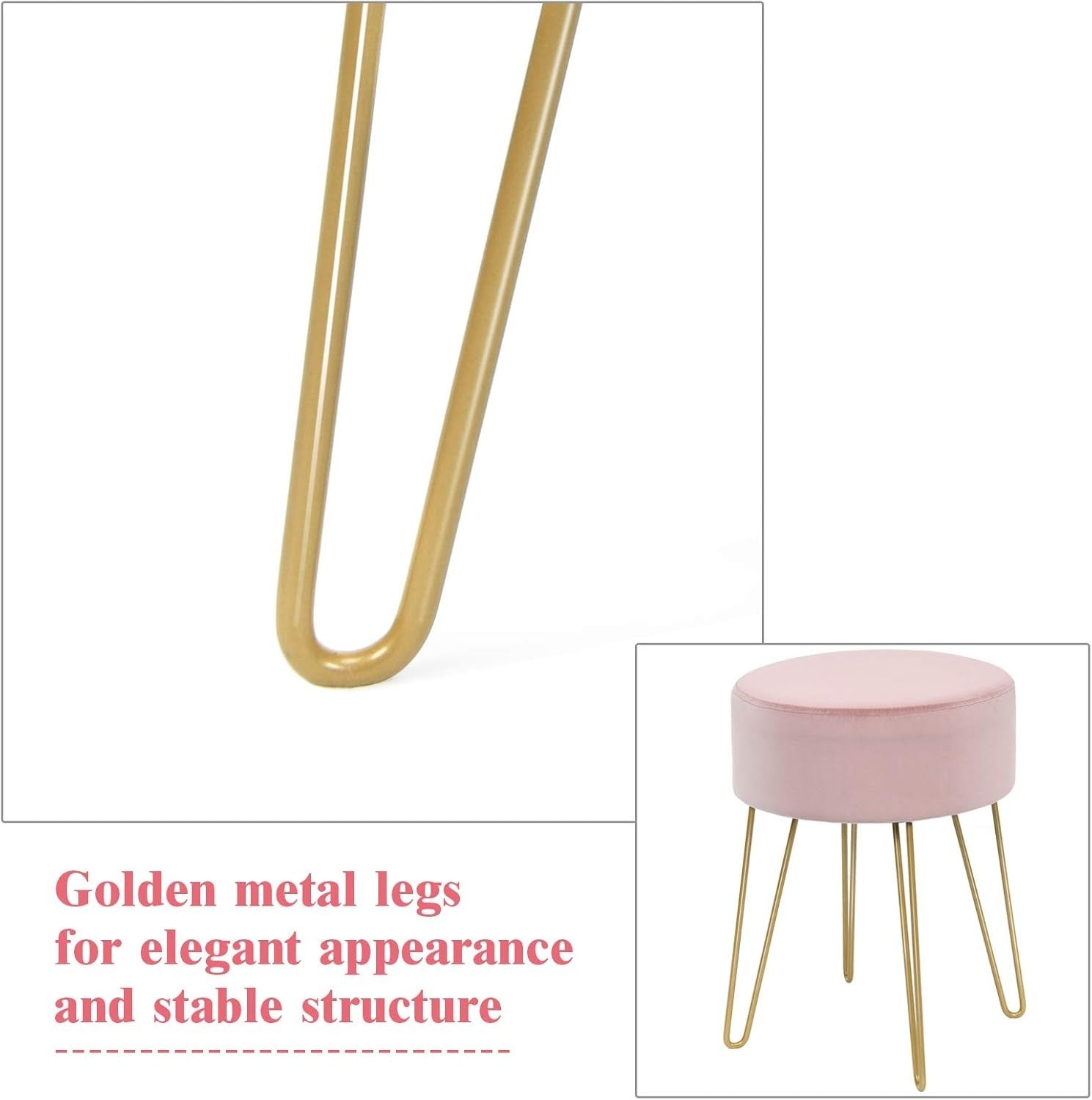 Pink Velvet Round Footstool Modern Dressing Table Stool with Metal Legs