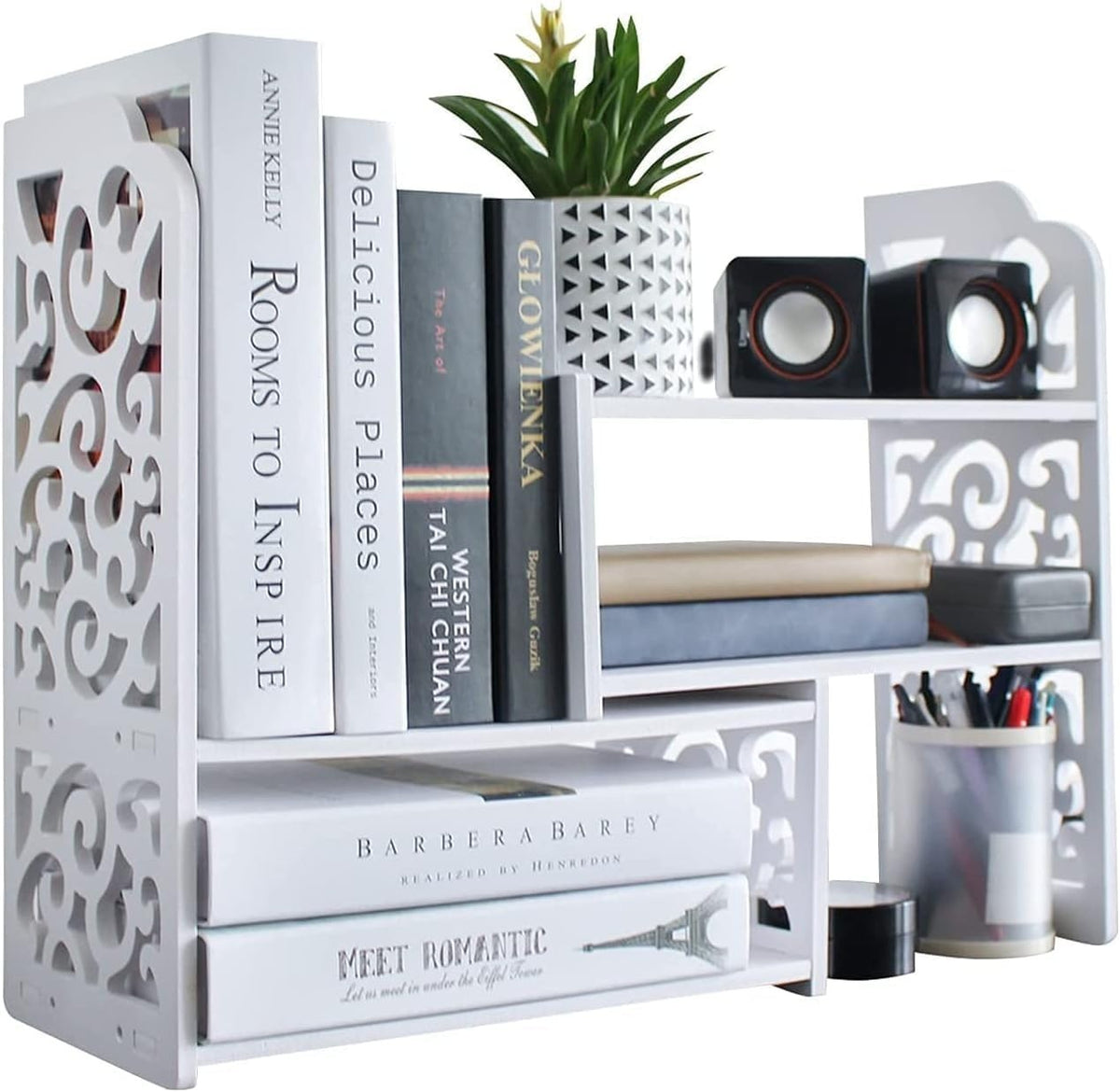 Adjustable Desk Bookshelf – Expandable PVC Desktop Organizer for Office & Home