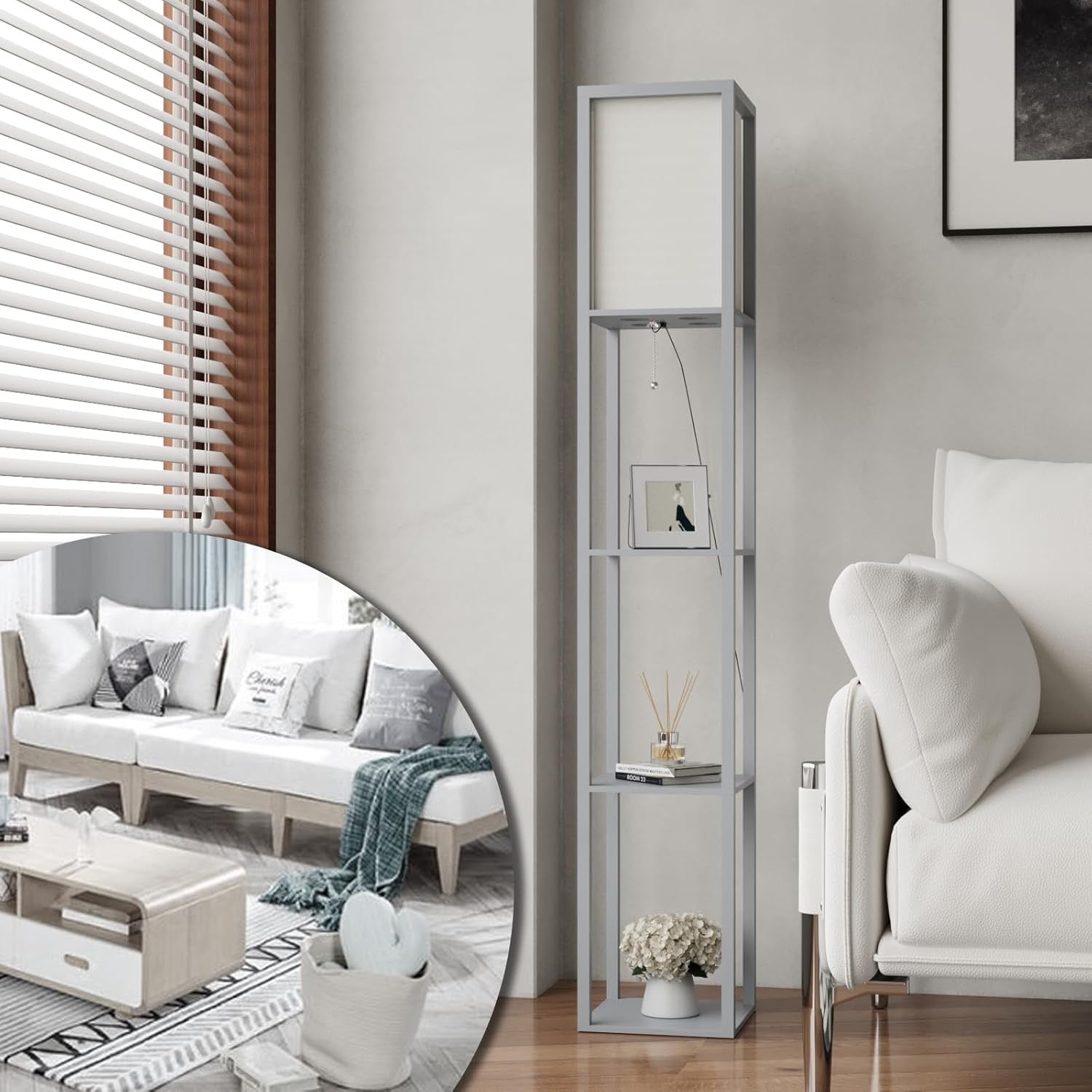 Floor Lamp with Shelves Wooden Storage Standing Light Modern Bedroom Living