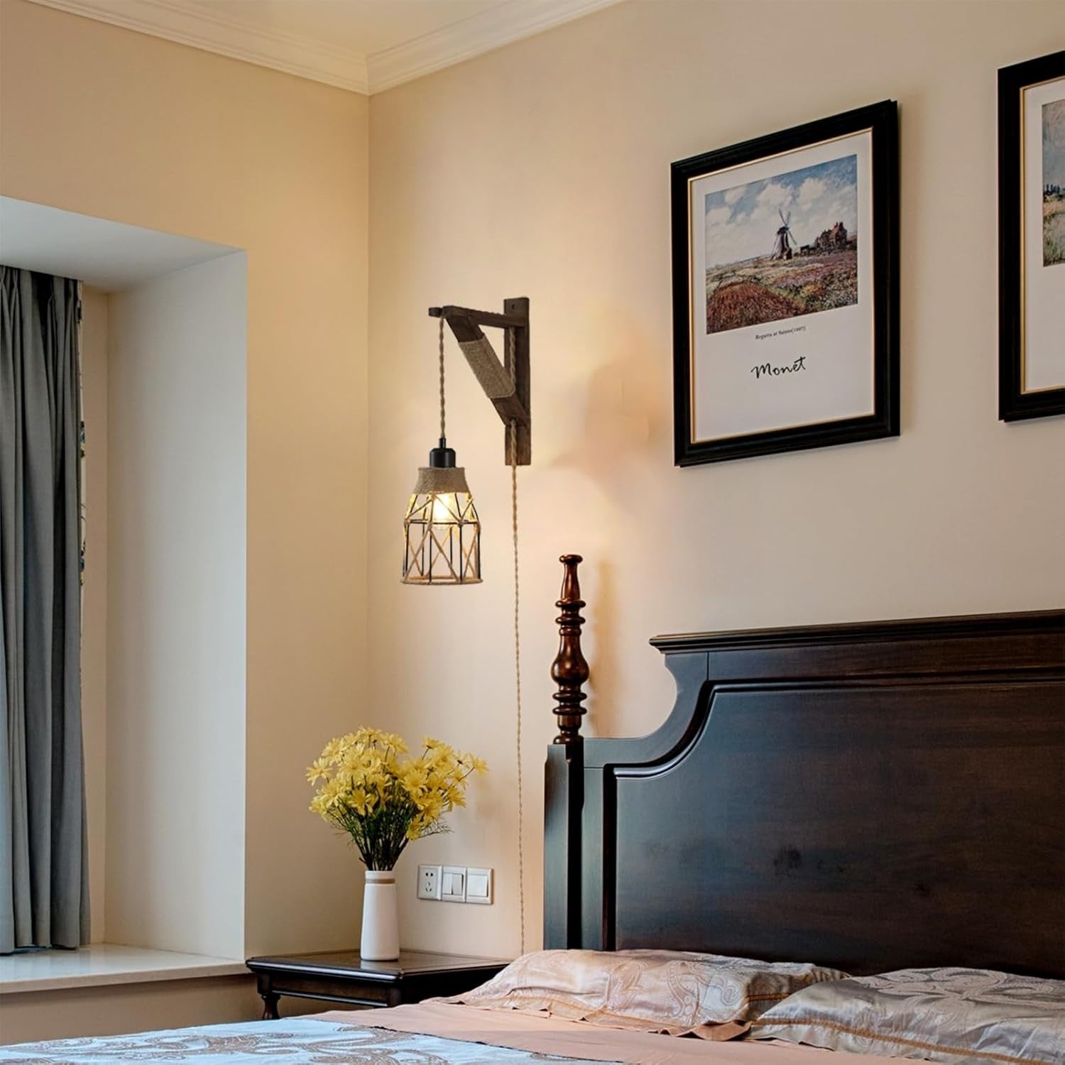 Rustic Farmhouse Plug-in Wall Sconces with Metal Cage & Wooden Bracket