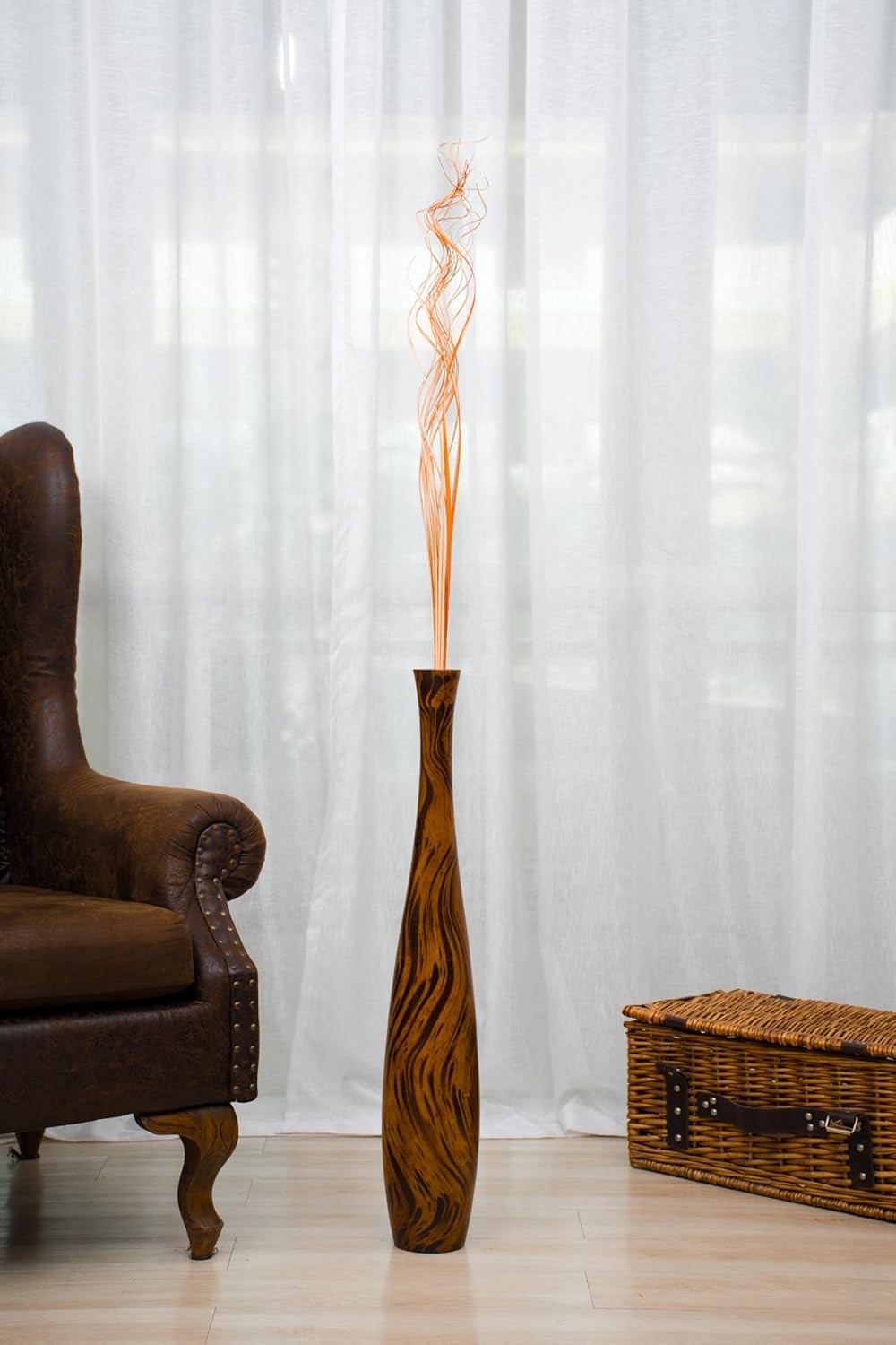 Tall Wooden Floor Vase 70cm – Rustic Farmhouse Pampas Grass Home Decor