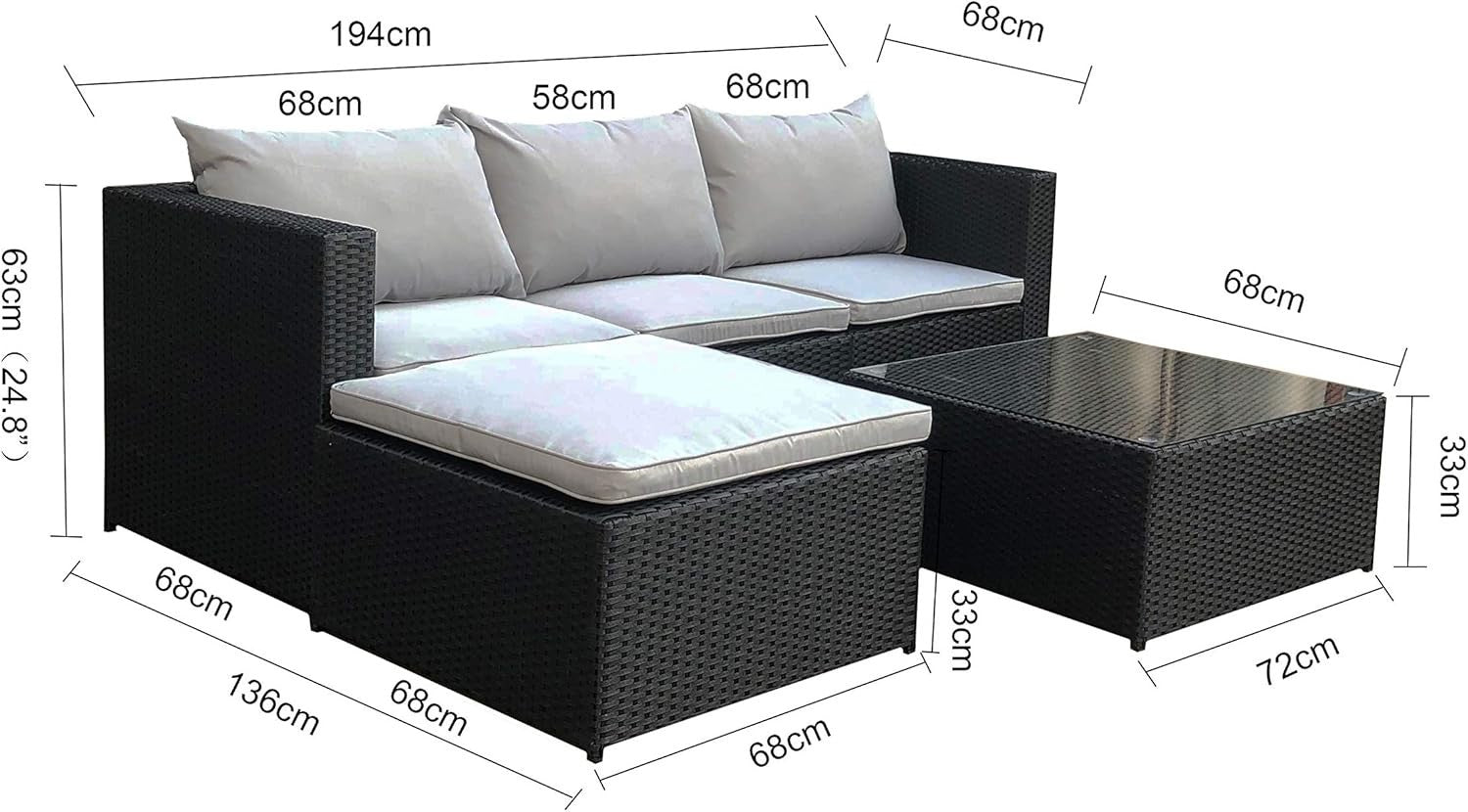 5-Piece Black Rattan Garden Corner Sofa Set with Cushions & Glass Table
