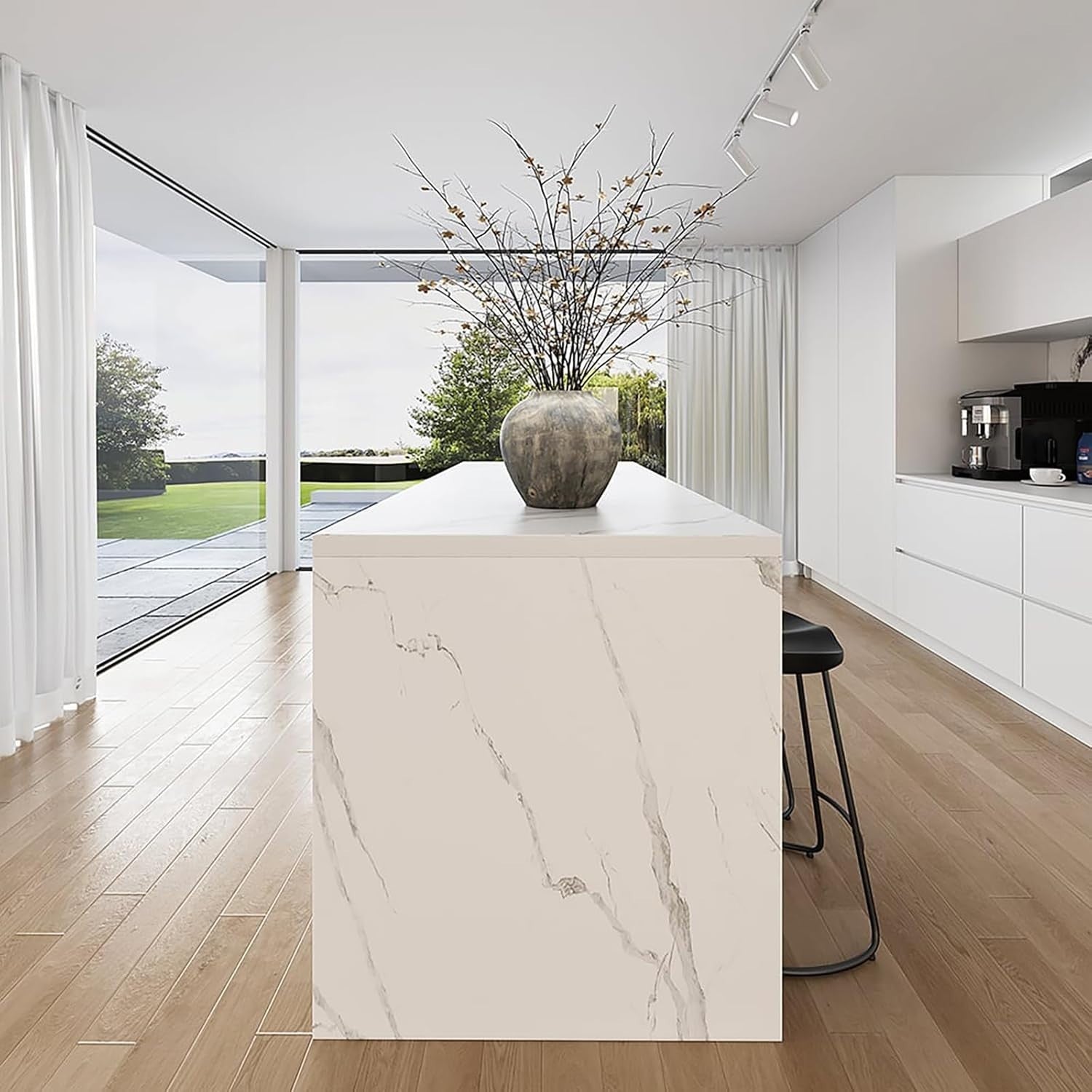 183cm White Kitchen Island with Marble Effect Top, 3 Drawers & 8 Storage Shelves