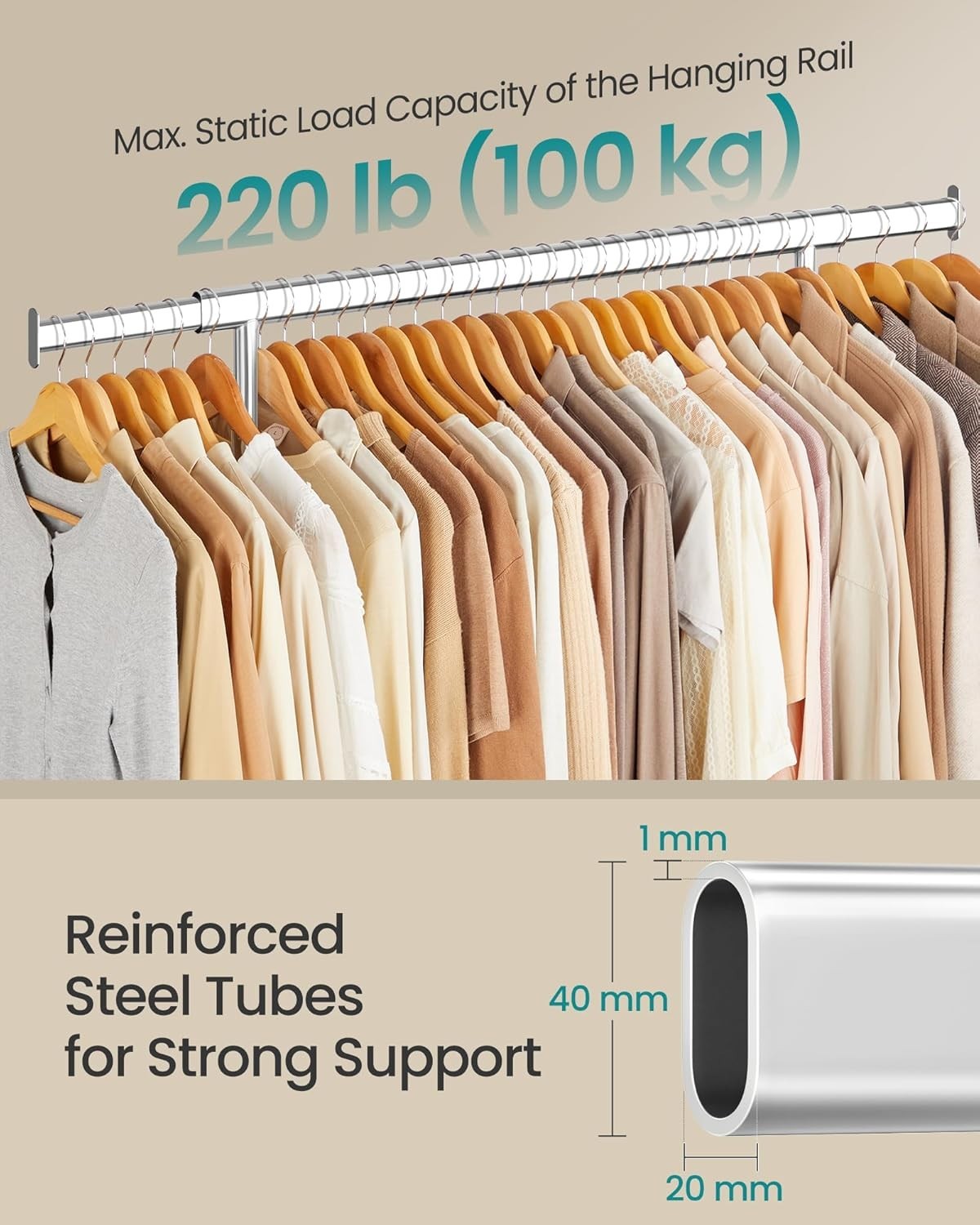 Heavy Duty Clothes Rack 100KG Extendable Rail Silver Wheels
