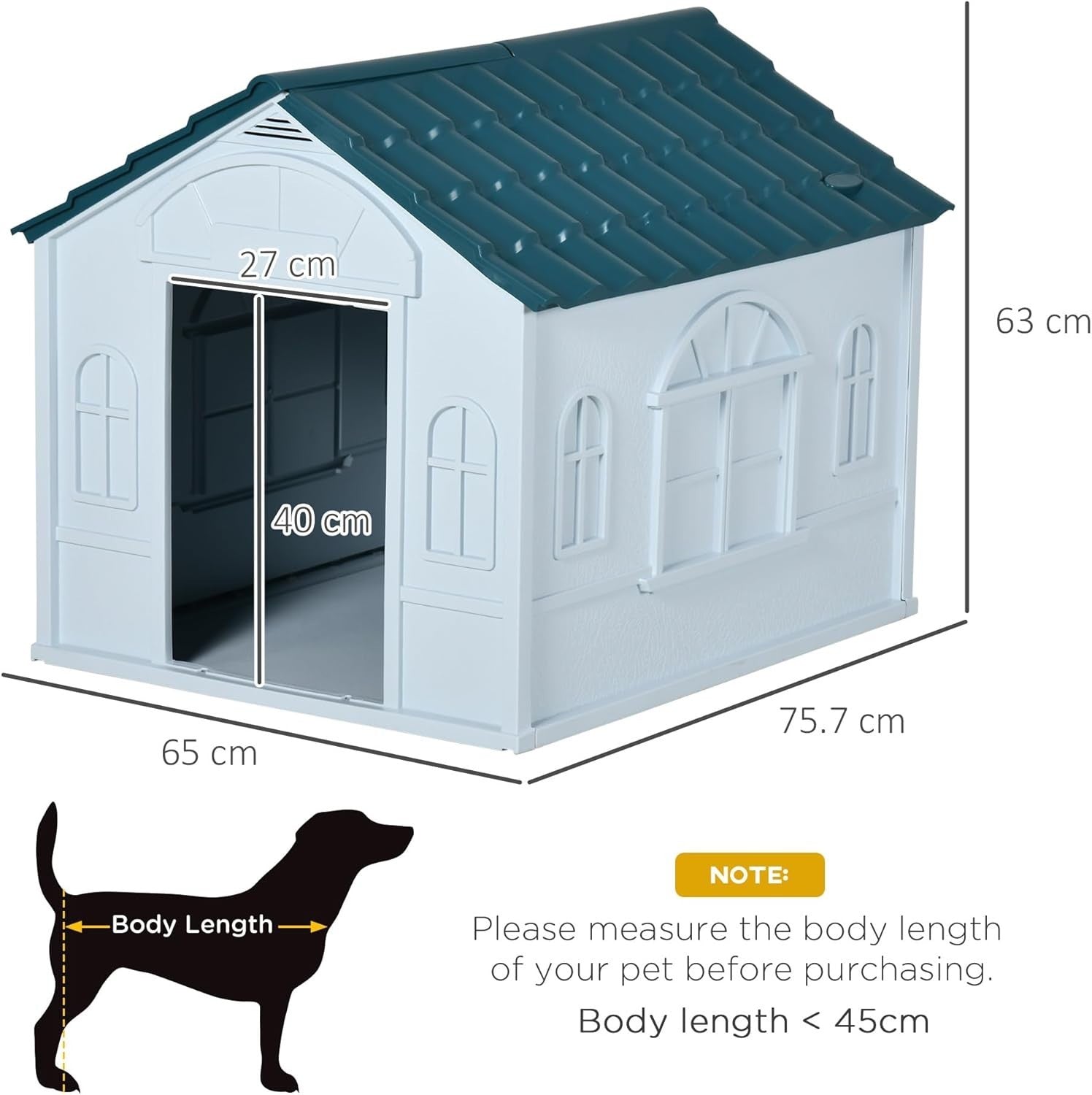 Blue Outdoor Dog House for Medium Dogs | Weatherproof Plastic Kennel 76x65x63cm