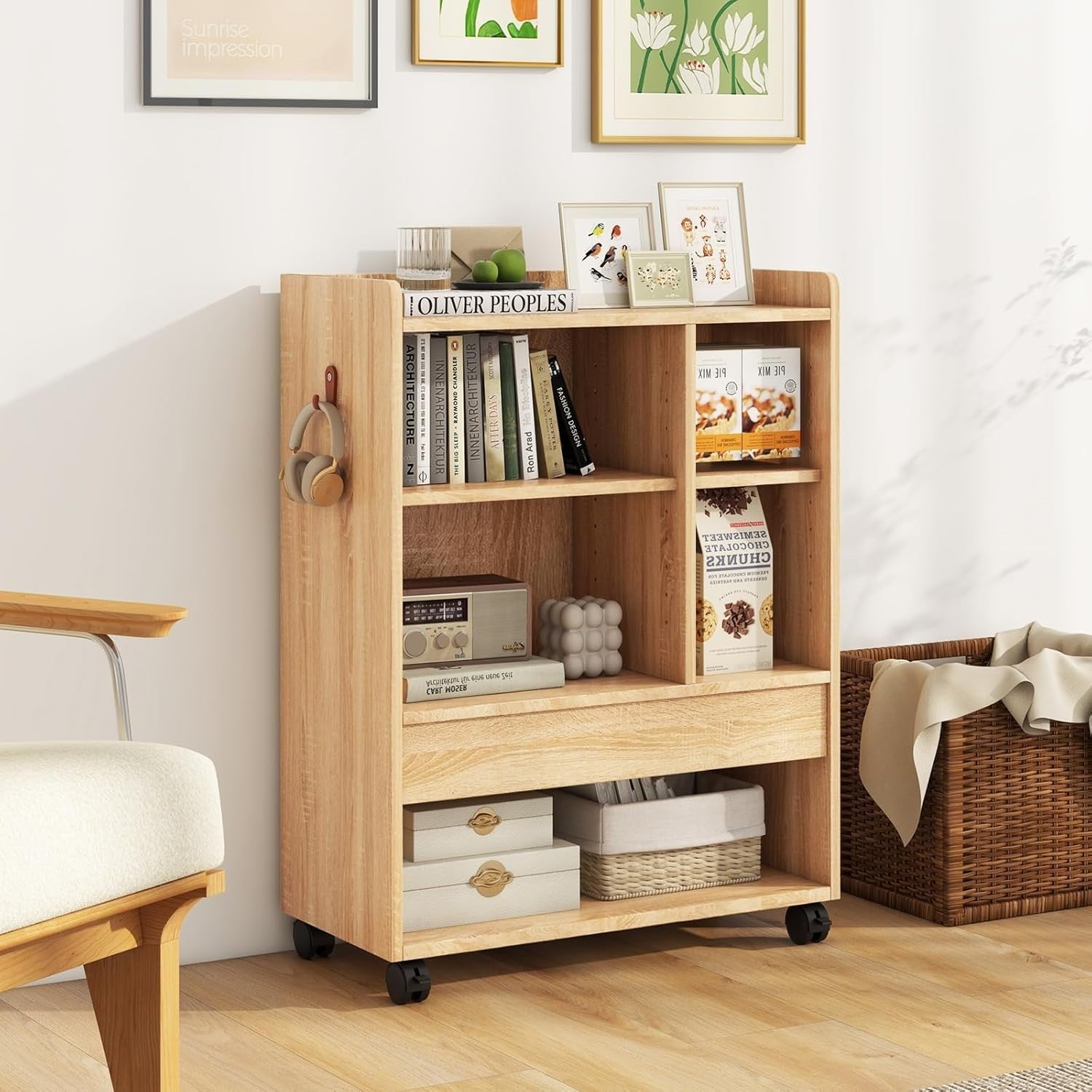 Mobile Bedside Table with Drawer & Shelves | Natural Wood Side Table on Wheels