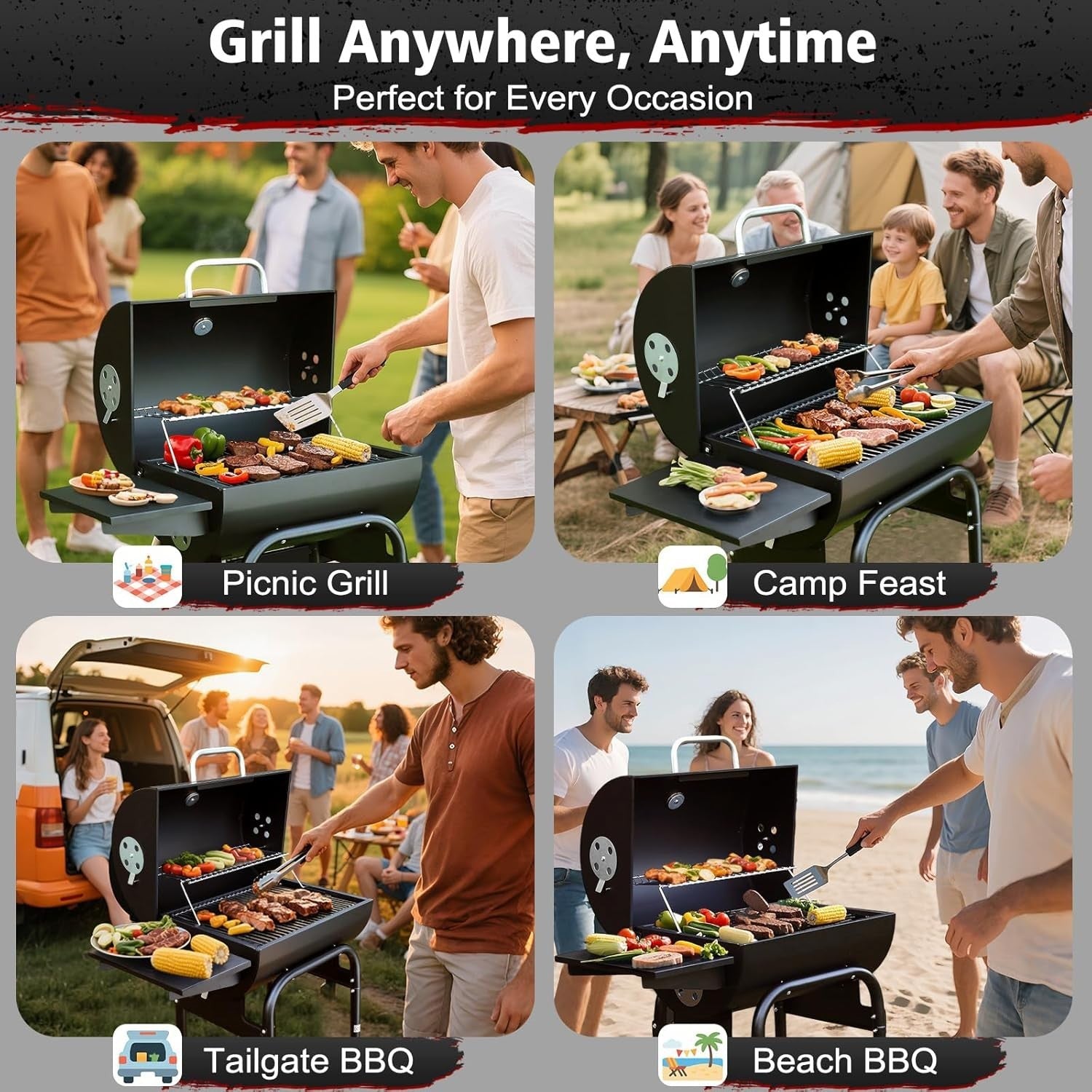 Charcoal BBQ Grill Smoker Outdoor | Large Portable Drum Barrel Barbecue