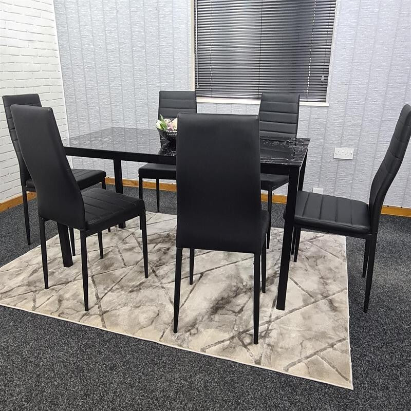 6 Seat Black Marble Effect Glass Dining Table & 6 Chairs Modern Set