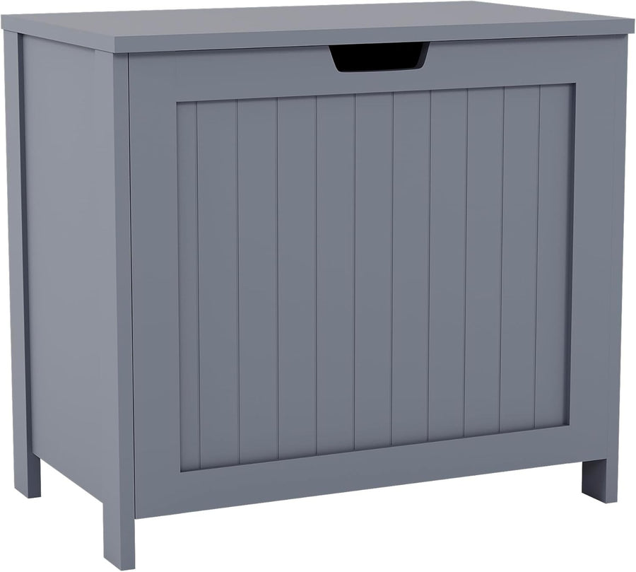 Large Grey Laundry Hamper Modern Hinged Lid Wooden Basket 56×60×35cm FSC Wood