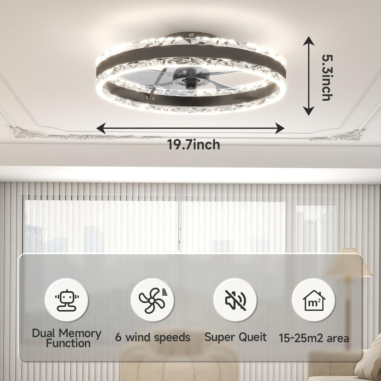 50CM Smart LED Ceiling Fan, 6 Speeds, Dimmable 3000-6500K, Black