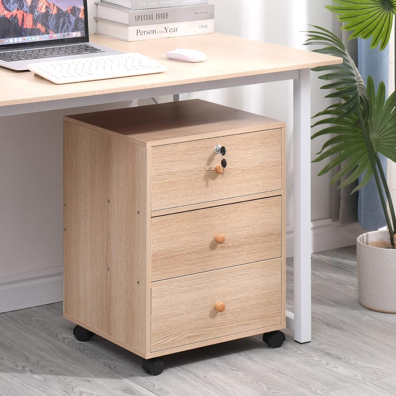 Walnut Mobile Filing Cabinet 3 Drawer Lockable Under Desk Printer Stand