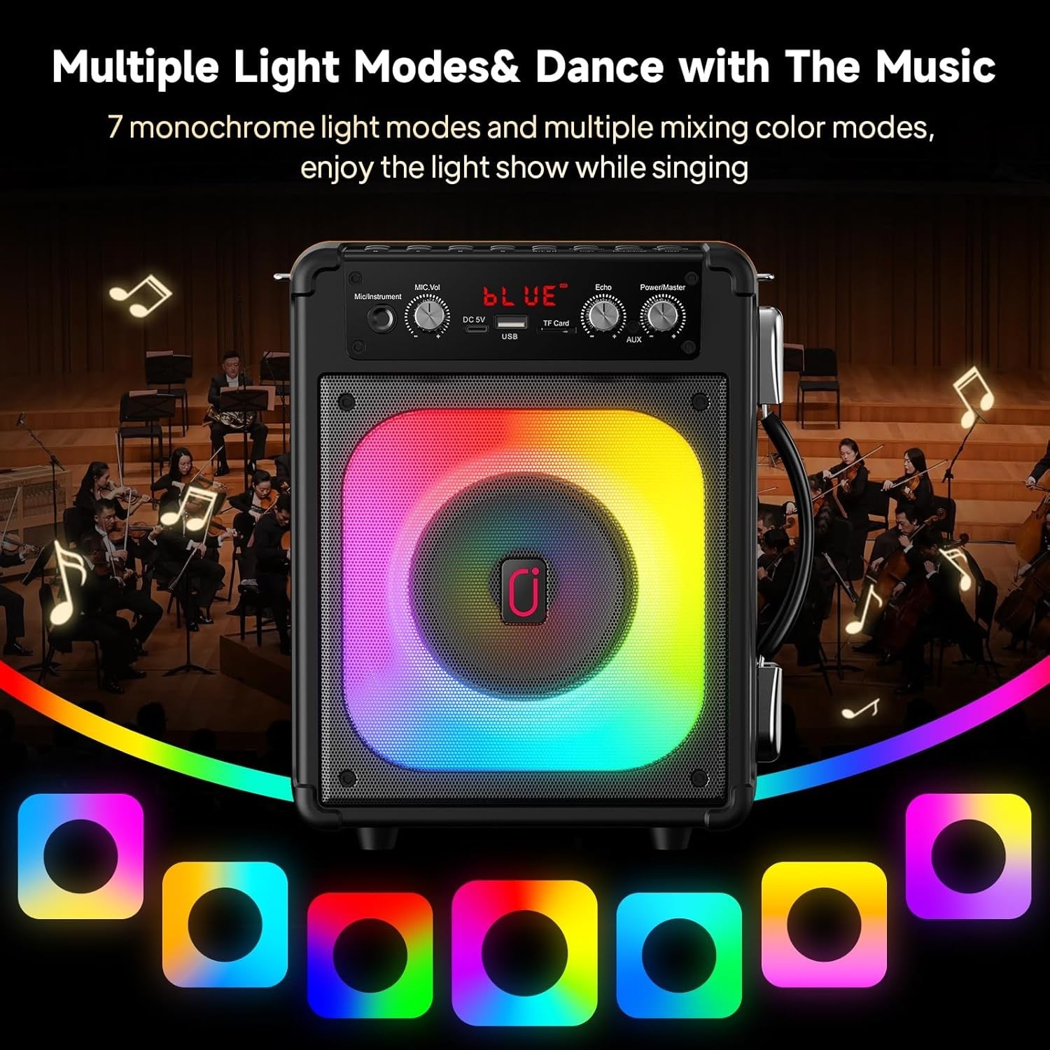 Portable Karaoke Machine with 2 Wireless Mics Bluetooth PA Speaker LED
