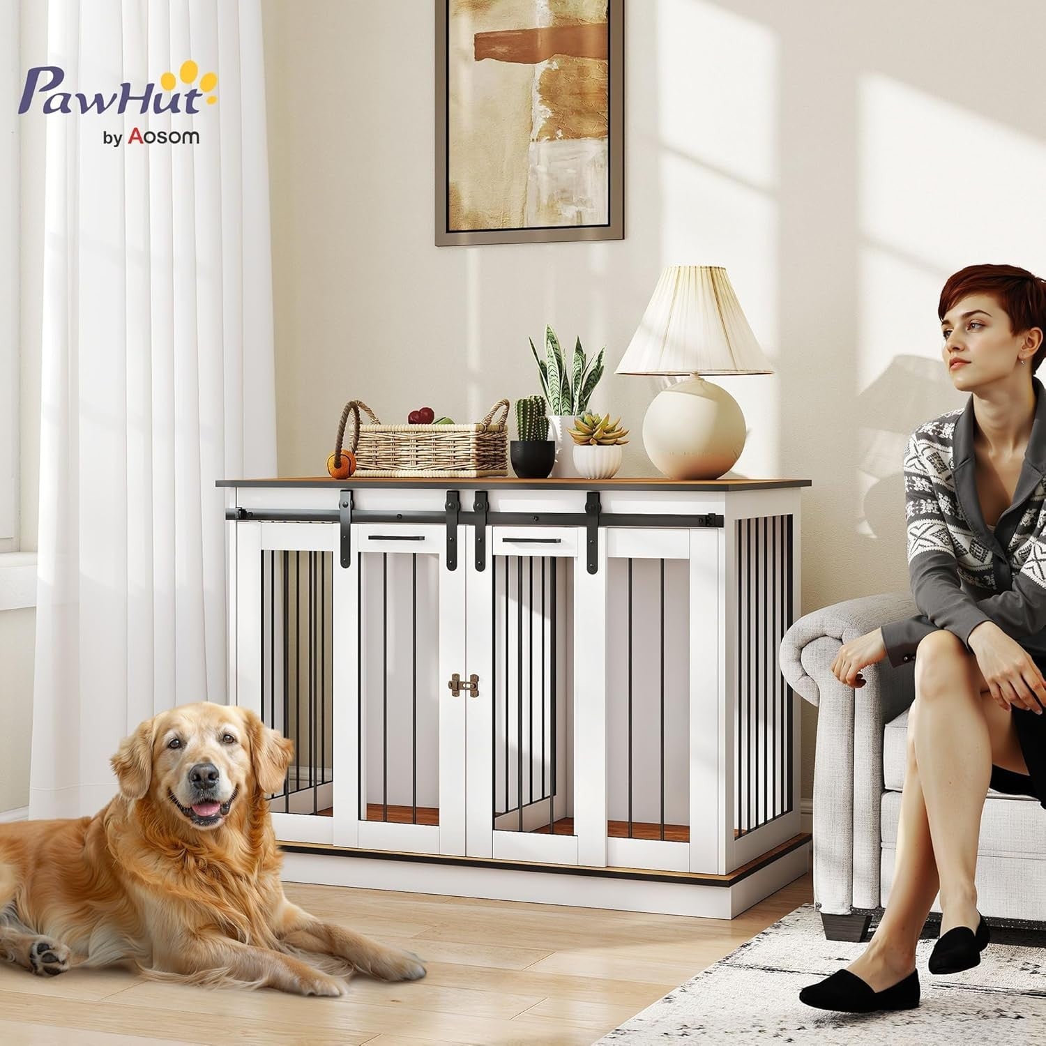 Large White Dog Crate Furniture with Divider, Sliding Doors & Side Table
