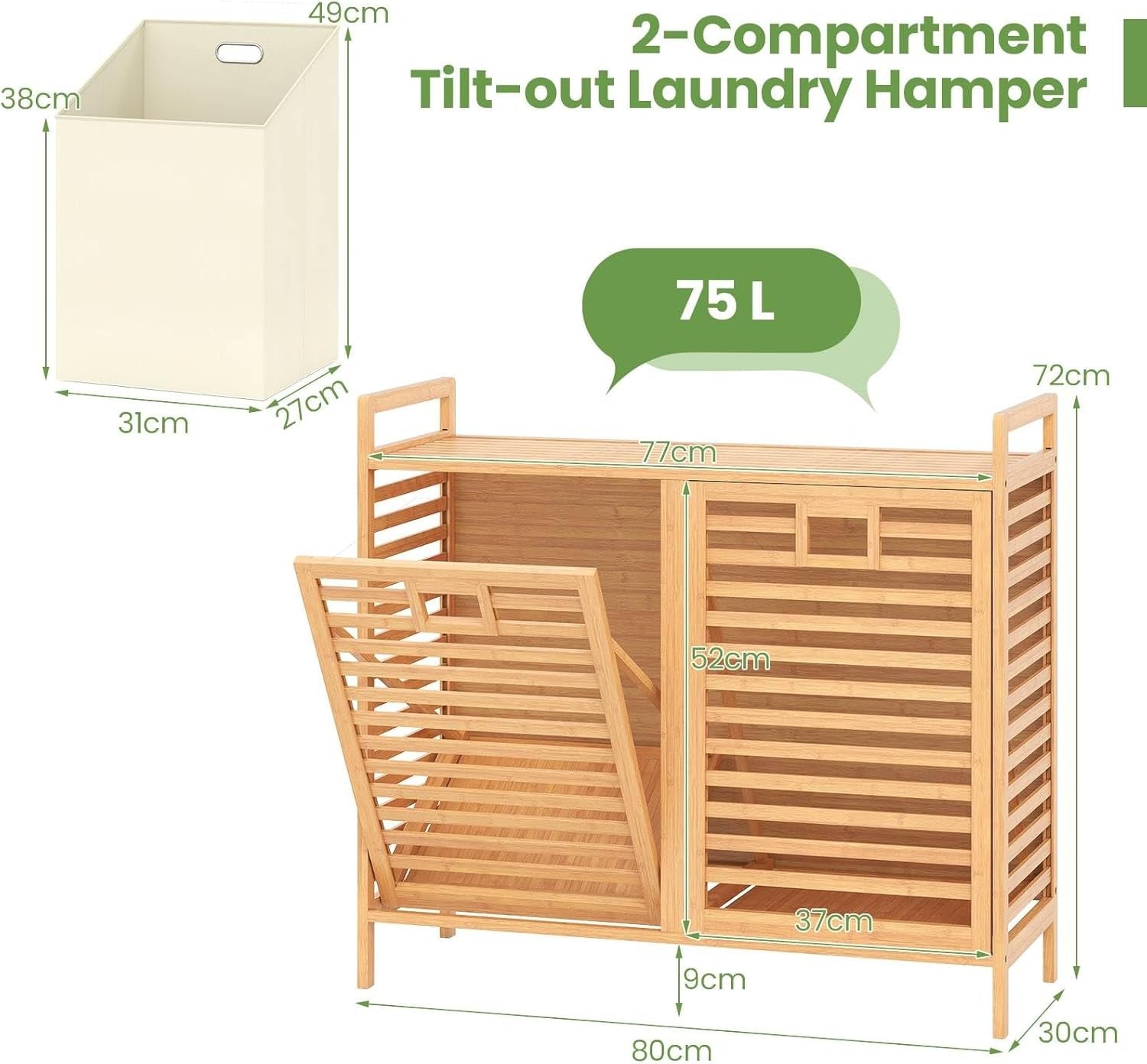 75L Bamboo Laundry Hamper Tilt-Out 2 Bin Storage Unit with Shelf Natural Wood
