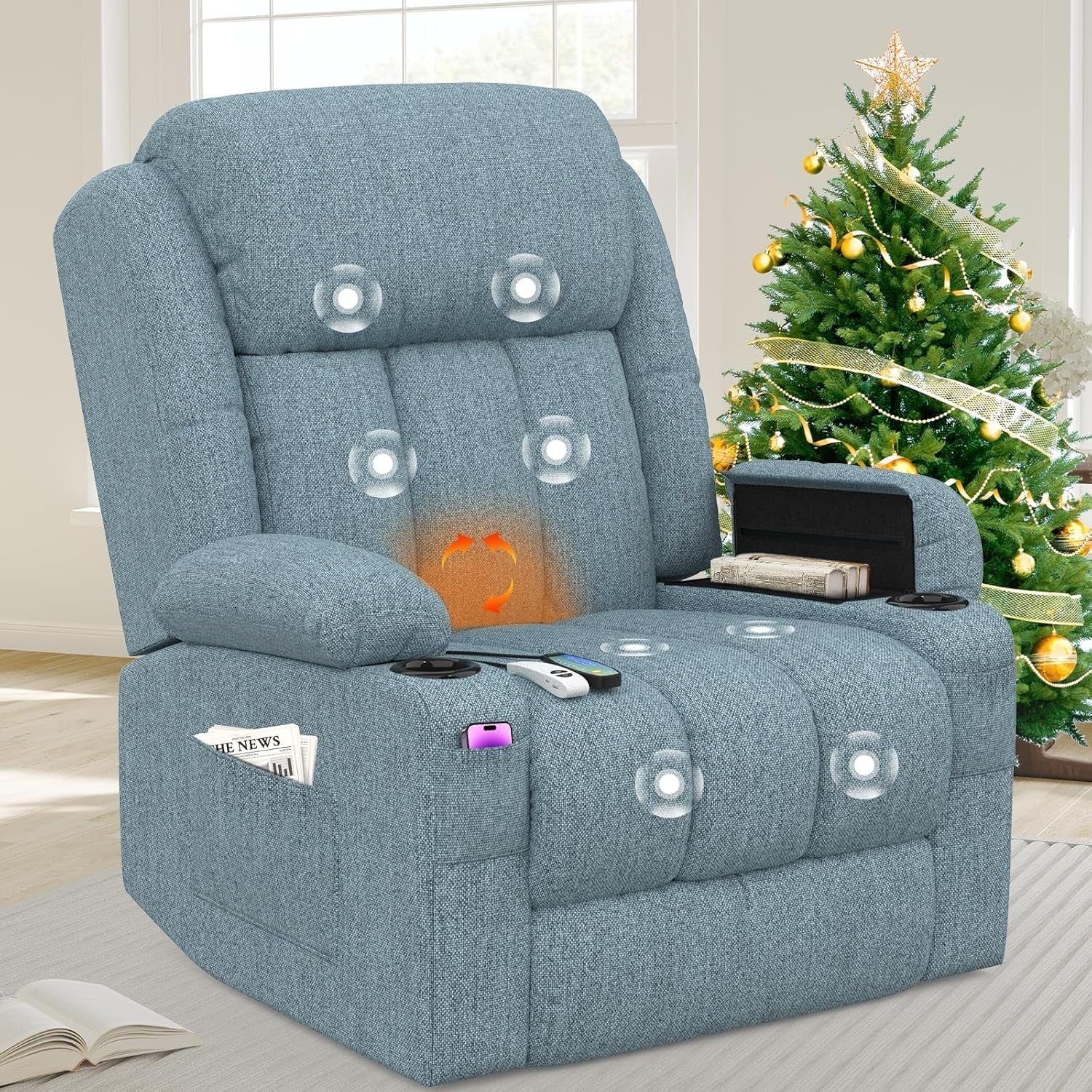 Power Lift Recliner Chair Massage Heat USB Ports Cup Holders Fabric Blue