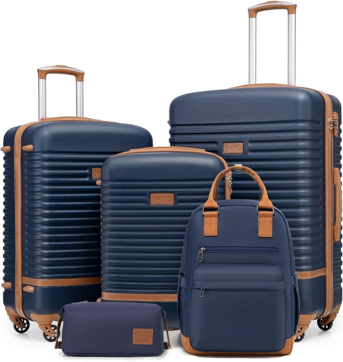 5PC Blue Brown Luggage Set Hard Shell TSA Lock 360 Spinner + Backpack