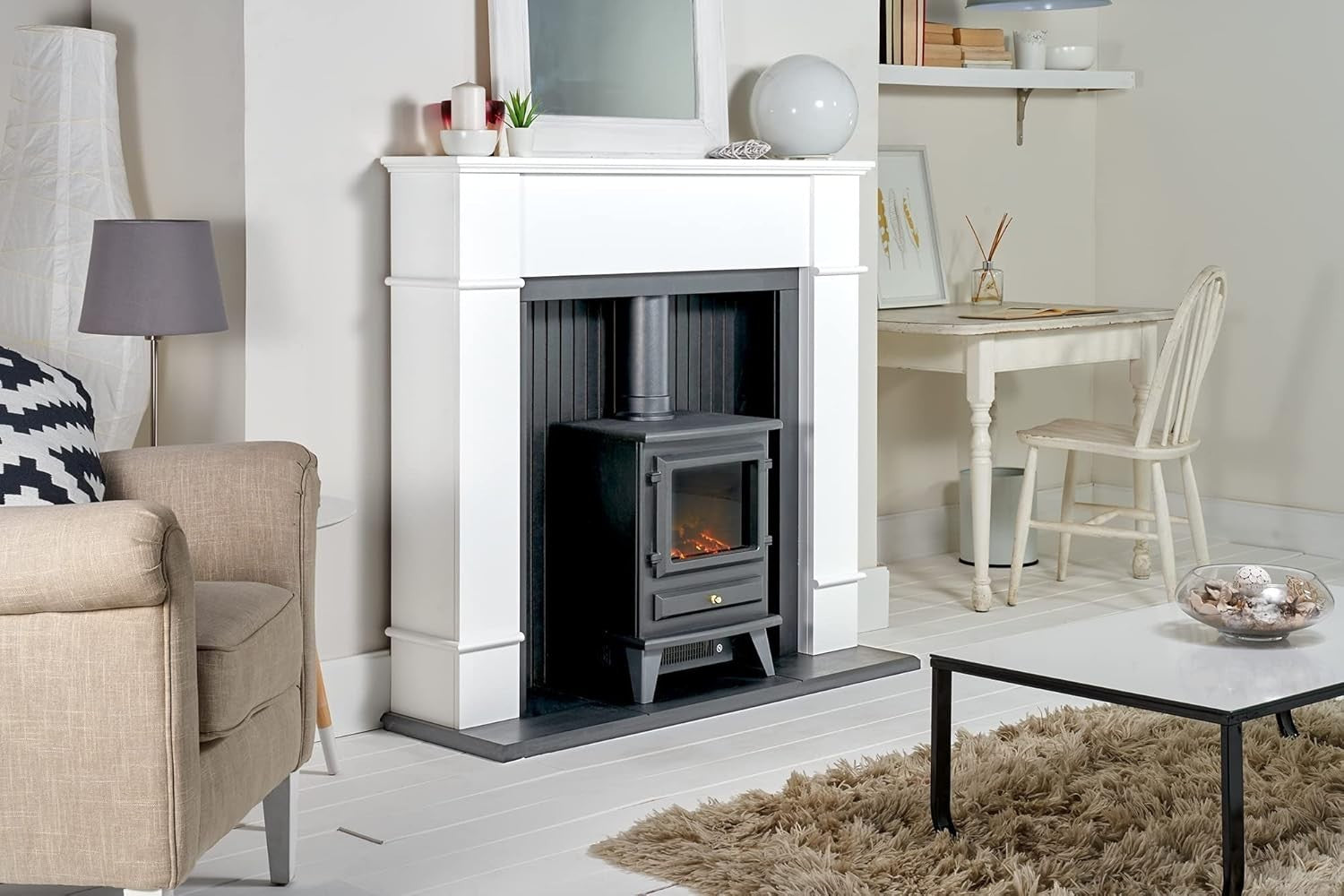 Freestanding White Electric Fireplace Stove 0.9-1.8kW LED Flame Heater