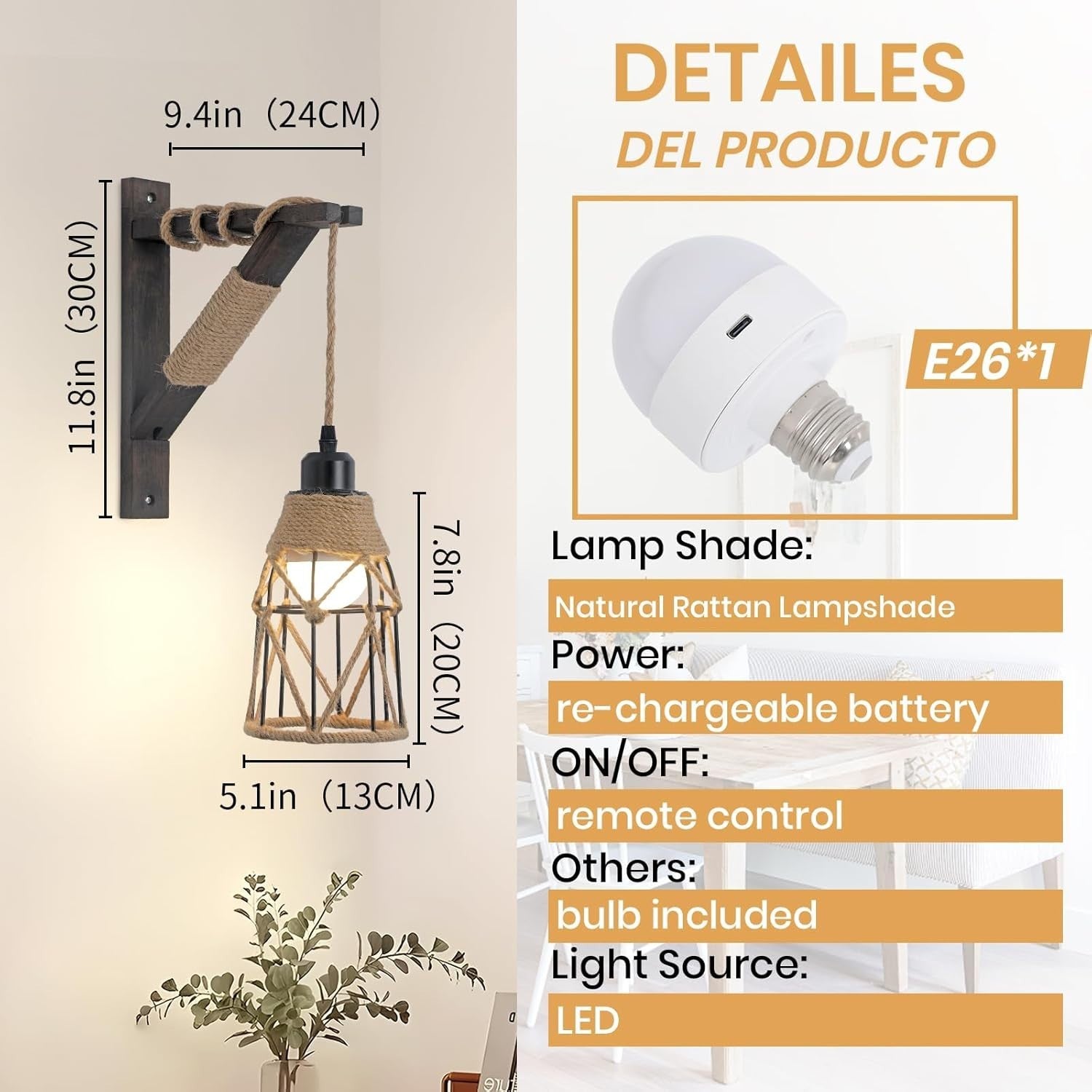 RGB Wall Lights Set of 2 Wireless Farmhouse Sconces w/ Remote + Rechargeable