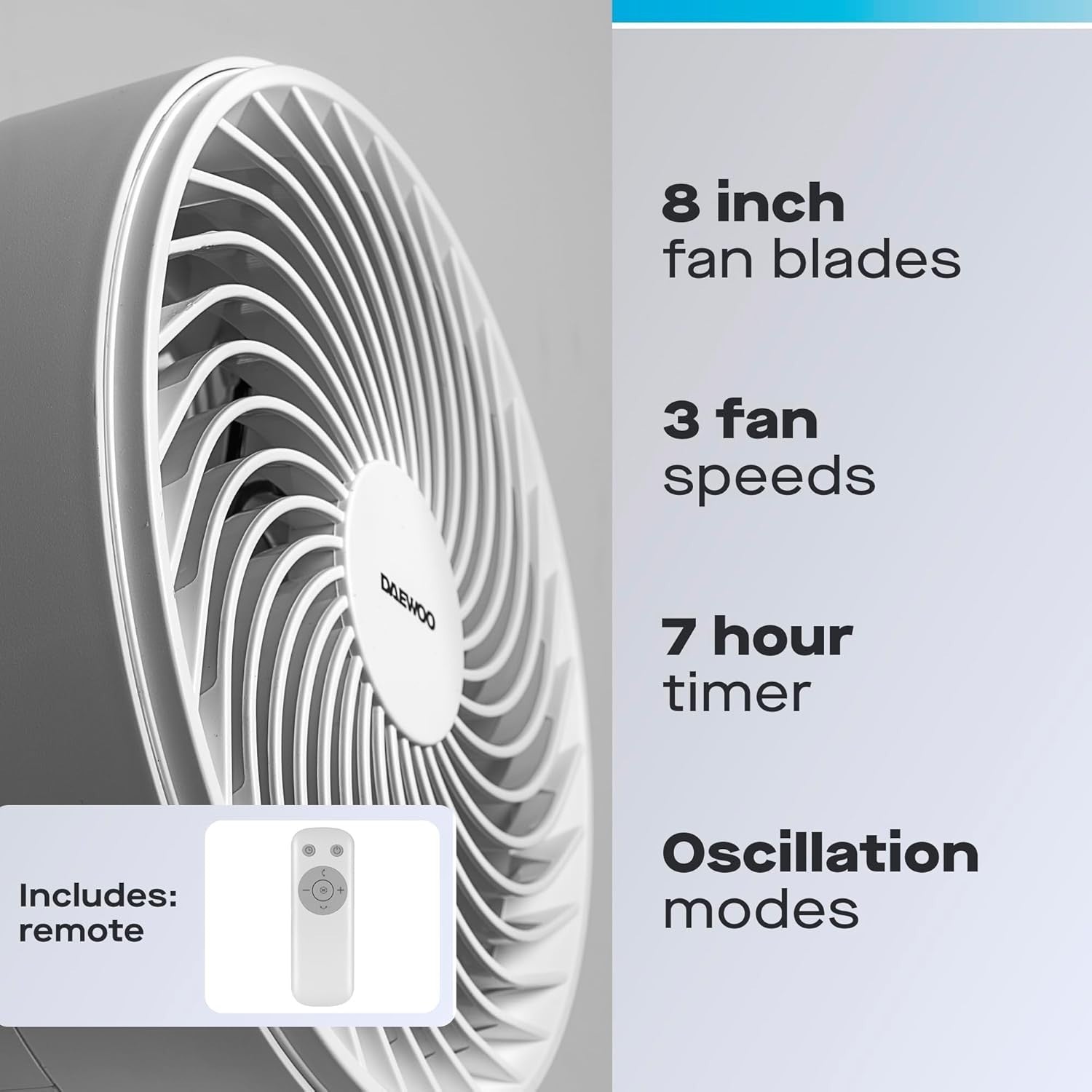 8-Inch Compact Oscillating Desk Fan – Quiet 3-Speed Remote Control Cooling Air