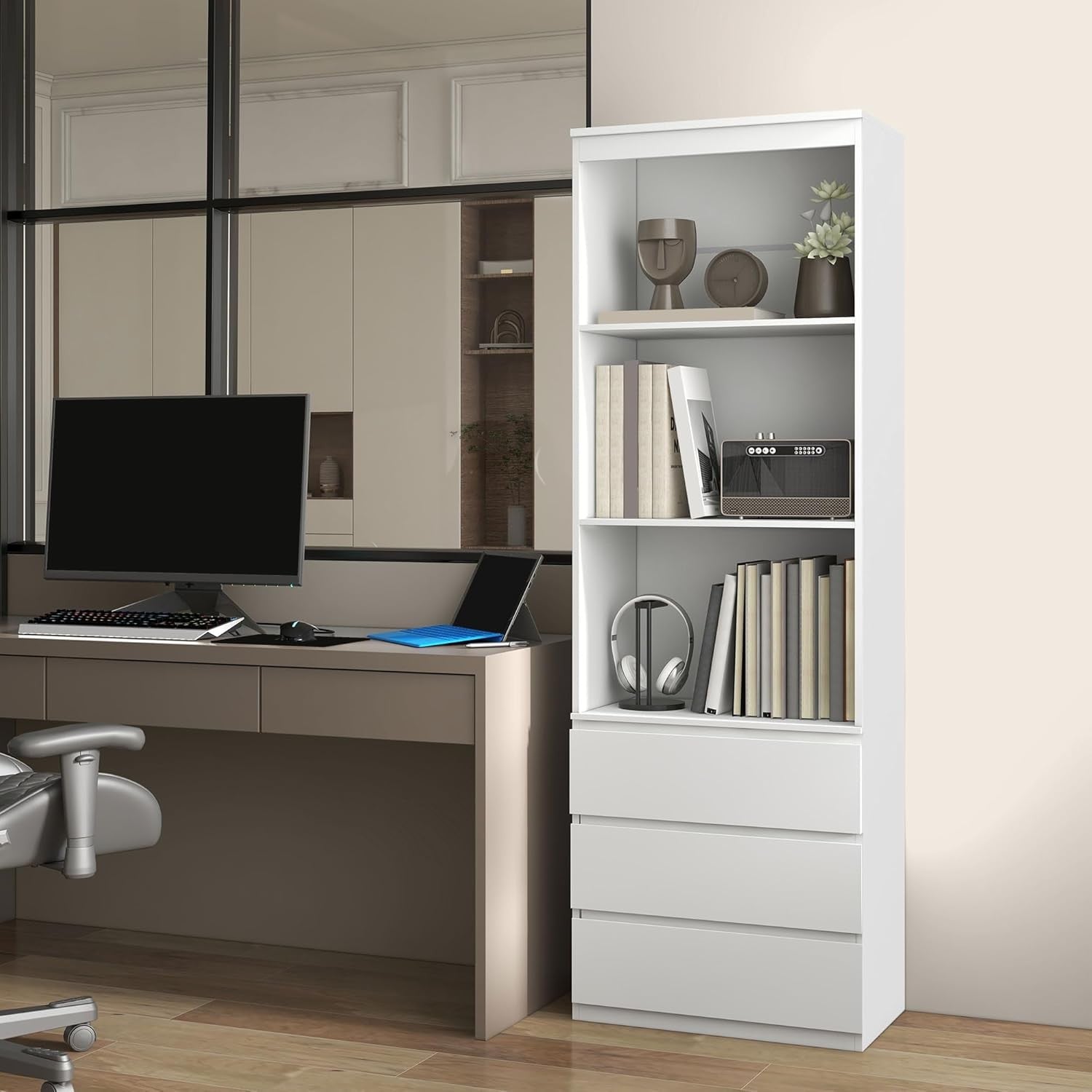 Tall White 180cm Bookcase with Drawers Modern Slim Storage Shelf Display Unit