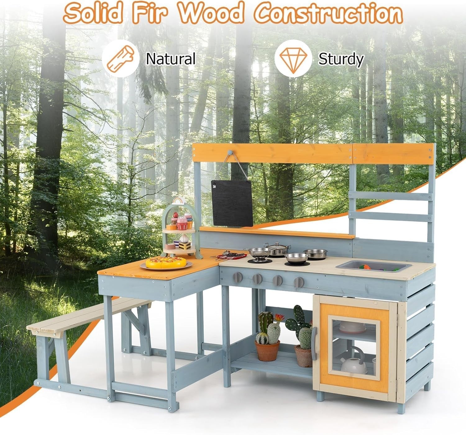 Kids Mud Kitchen Outdoor Wooden Play Kitchen Picnic Table Grey Blue