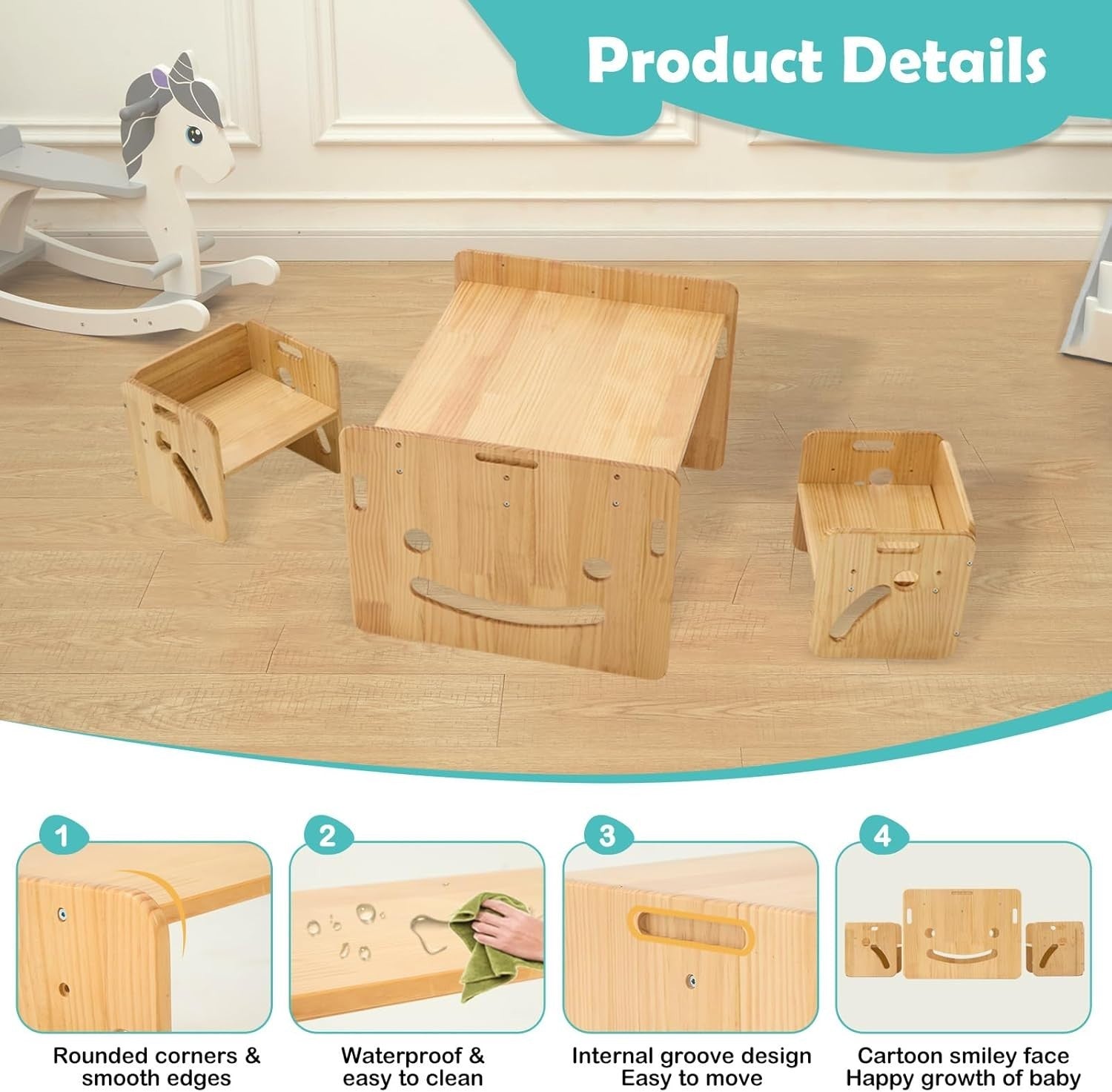 Adjustable Kids Table & Chairs Set Solid Wood Montessori Toddler Furniture