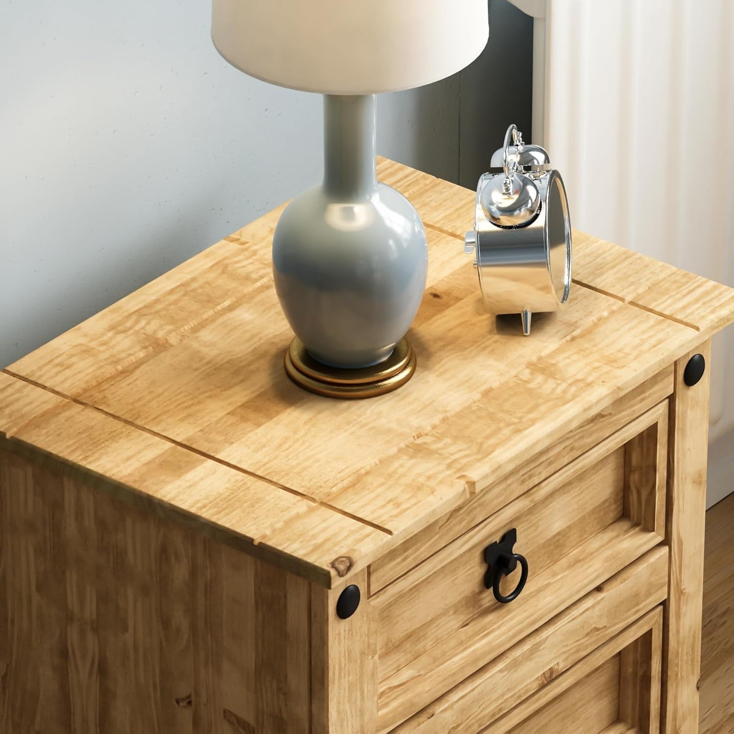 Solid Pine 3 Drawer Bedside Table, Rustic Wooden Nightstand, Wax Finish