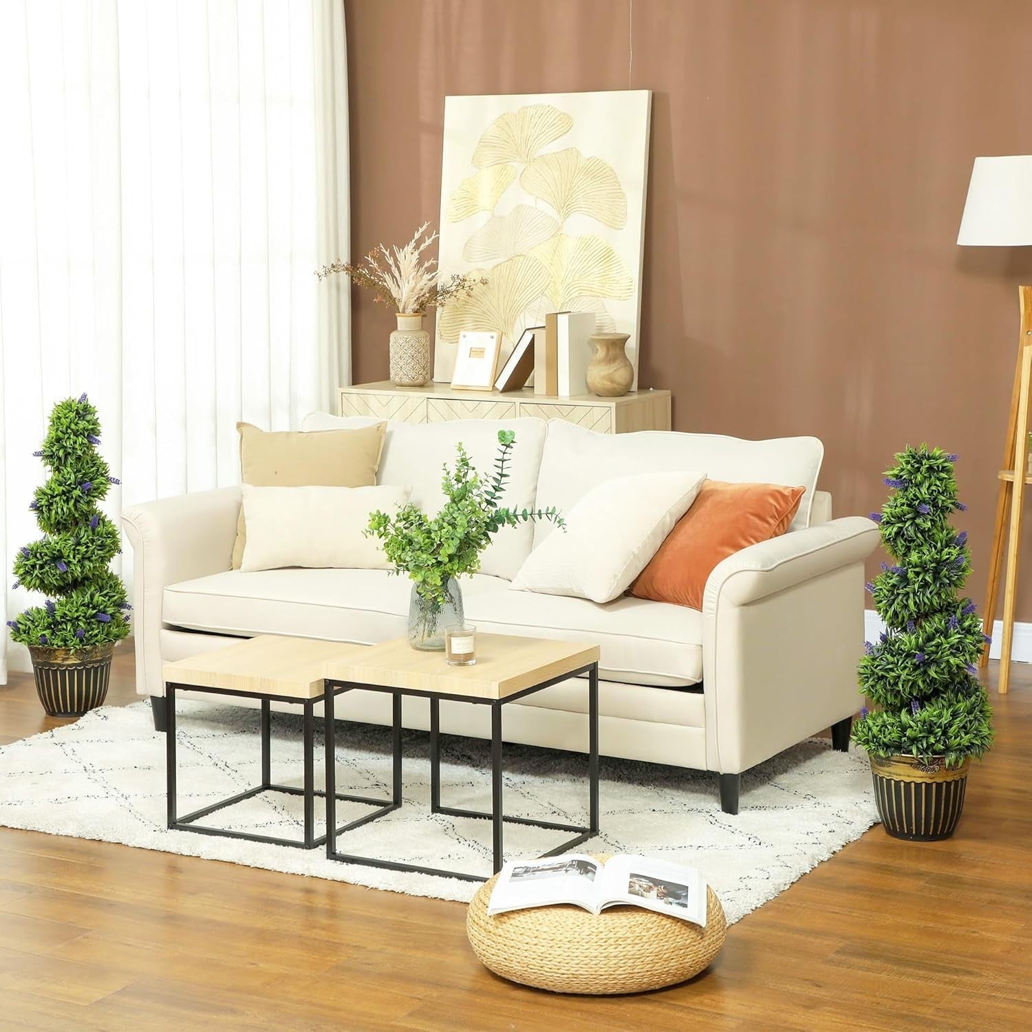 Set of 2 90cm Spiral Boxwood Topiary Trees with Lavender Faux Plants Home Decor