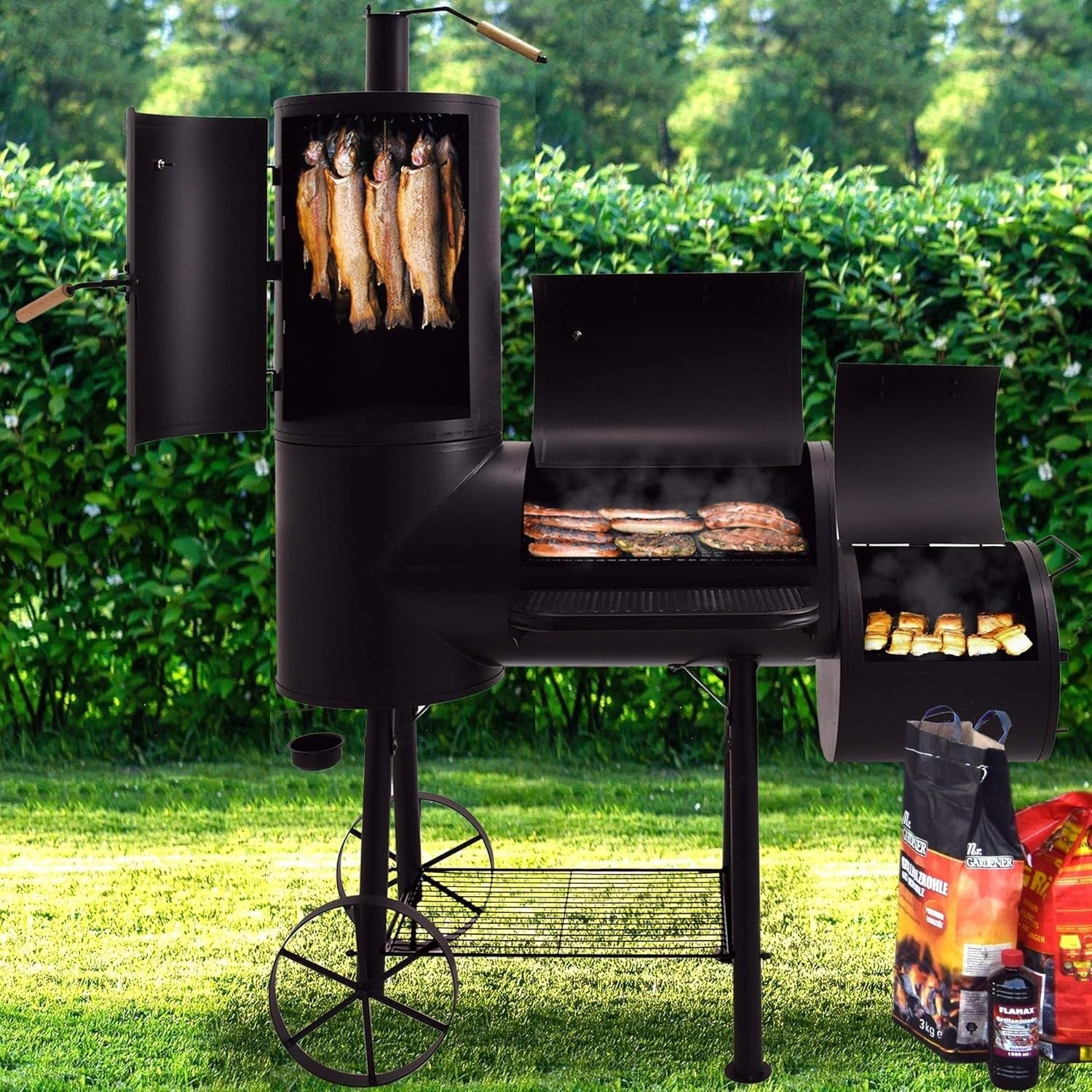 XXL Charcoal Smoker BBQ Grill & Smoker Oven Trolley | Large Outdoor Barbecue