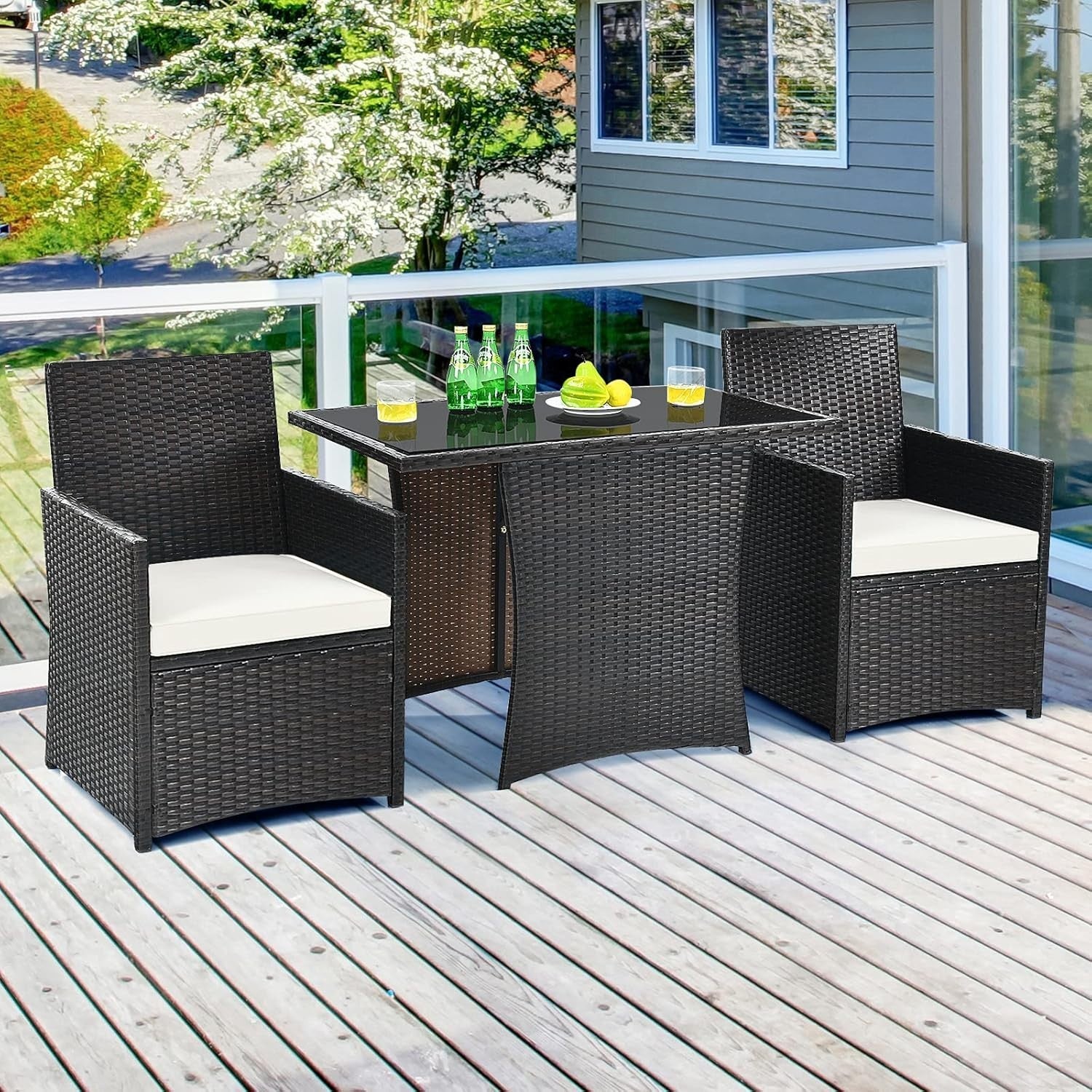 3 Piece Rattan Patio Dining Set Glass Table Outdoor Chairs with Cushions