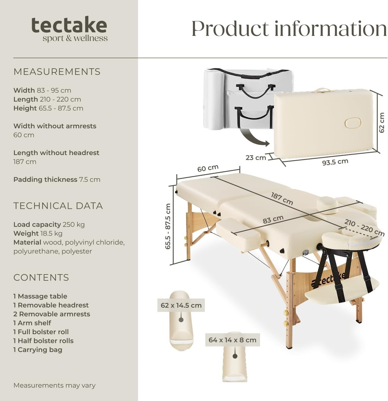 Portable Massage Table Foldable Beech Frame 7.5cm Padded Beauty Bed Beige